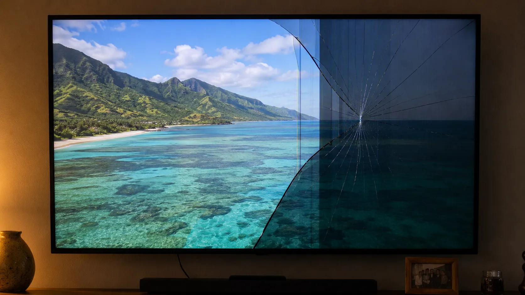 Samsung TV still powered on with a visible cracked screen.