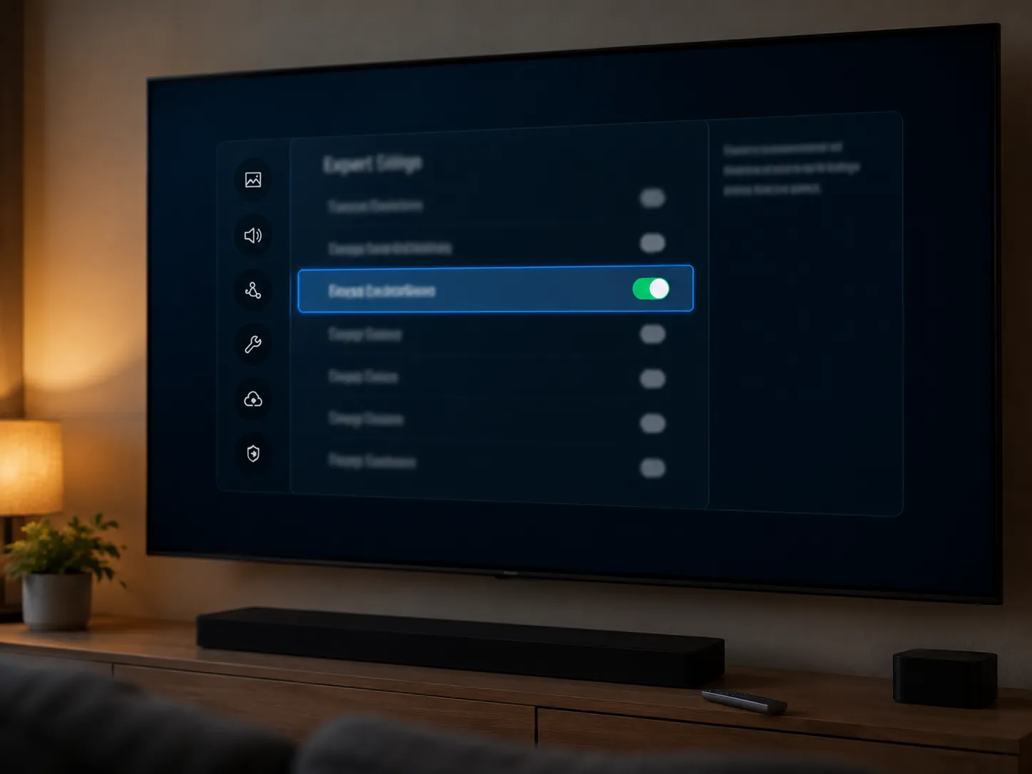 Samsung TV Expert Settings menu displayed on a wall-mounted television with the Power On with Mobile option enabled, photographed in a dim living room with a remote on the console.