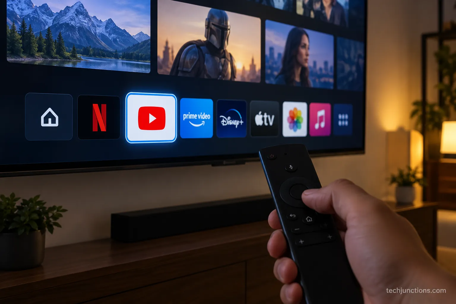 YouTube app tile highlighted on a Samsung TV home screen apps row