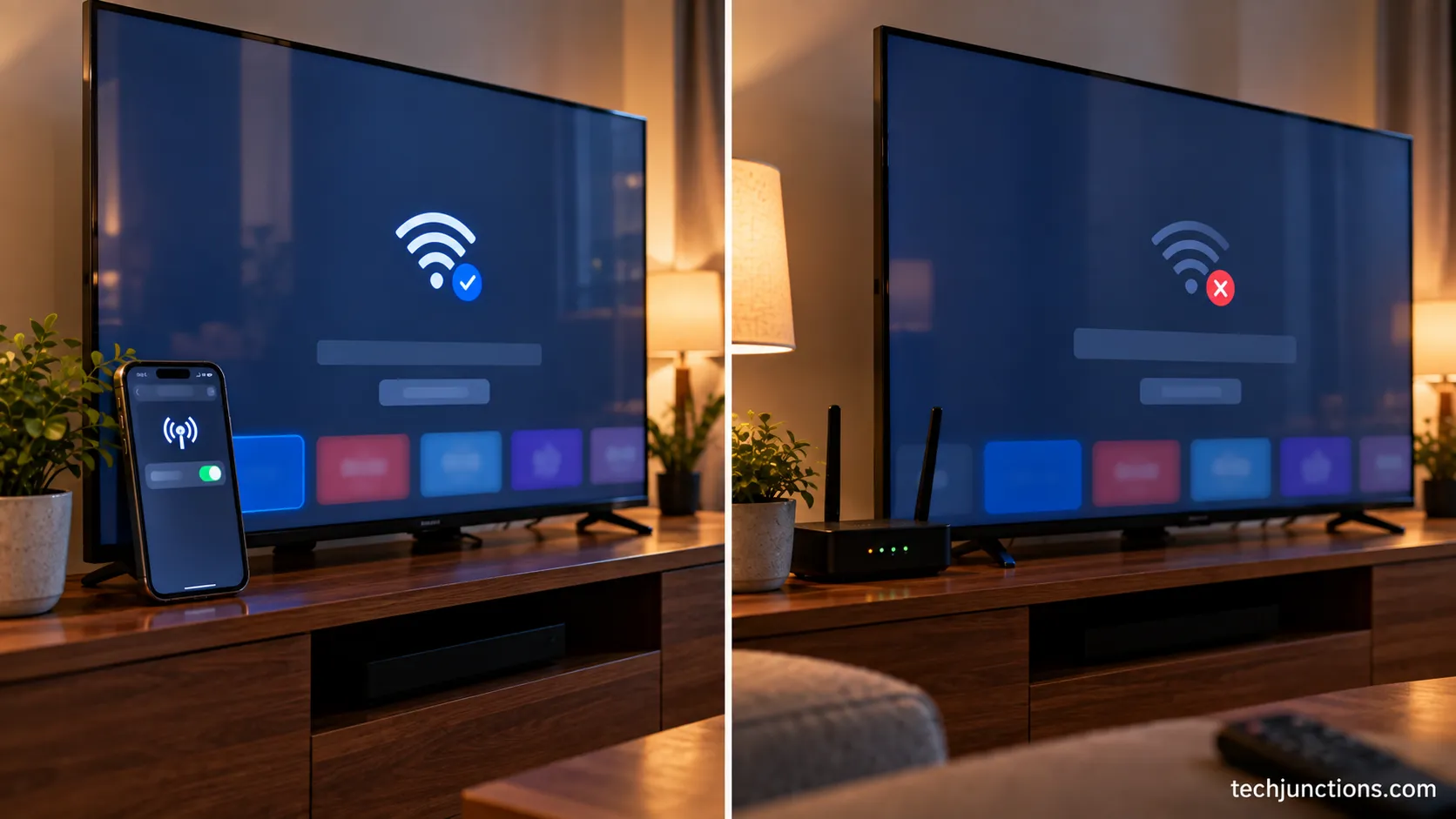 Isolating a failed Samsung TV Wi-Fi module using a phone hotspot test.