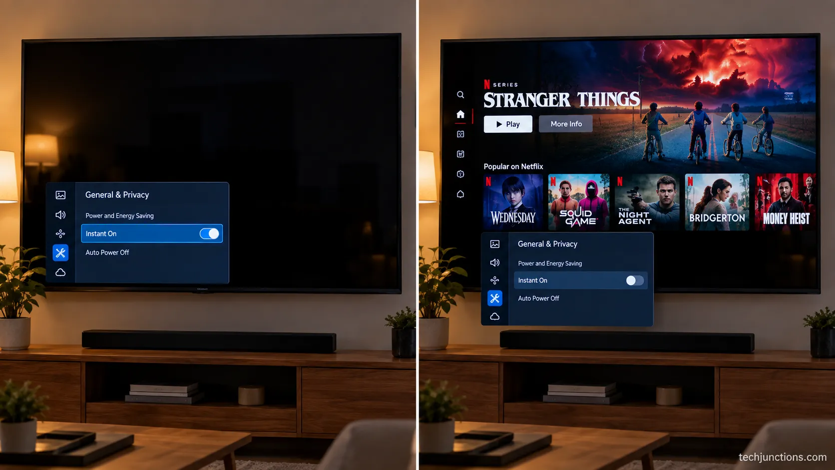 Before and after photos of a Samsung TV showing a black Netflix screen then Netflix playing after turning off Instant On.