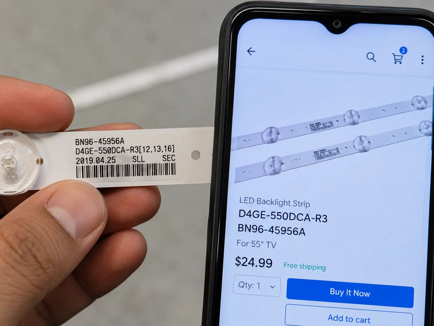 Close-up of a Samsung TV LED backlight strip BN96 part number sticker held beside a smartphone showing a matching replacement LED strip listing for accurate parts identification.