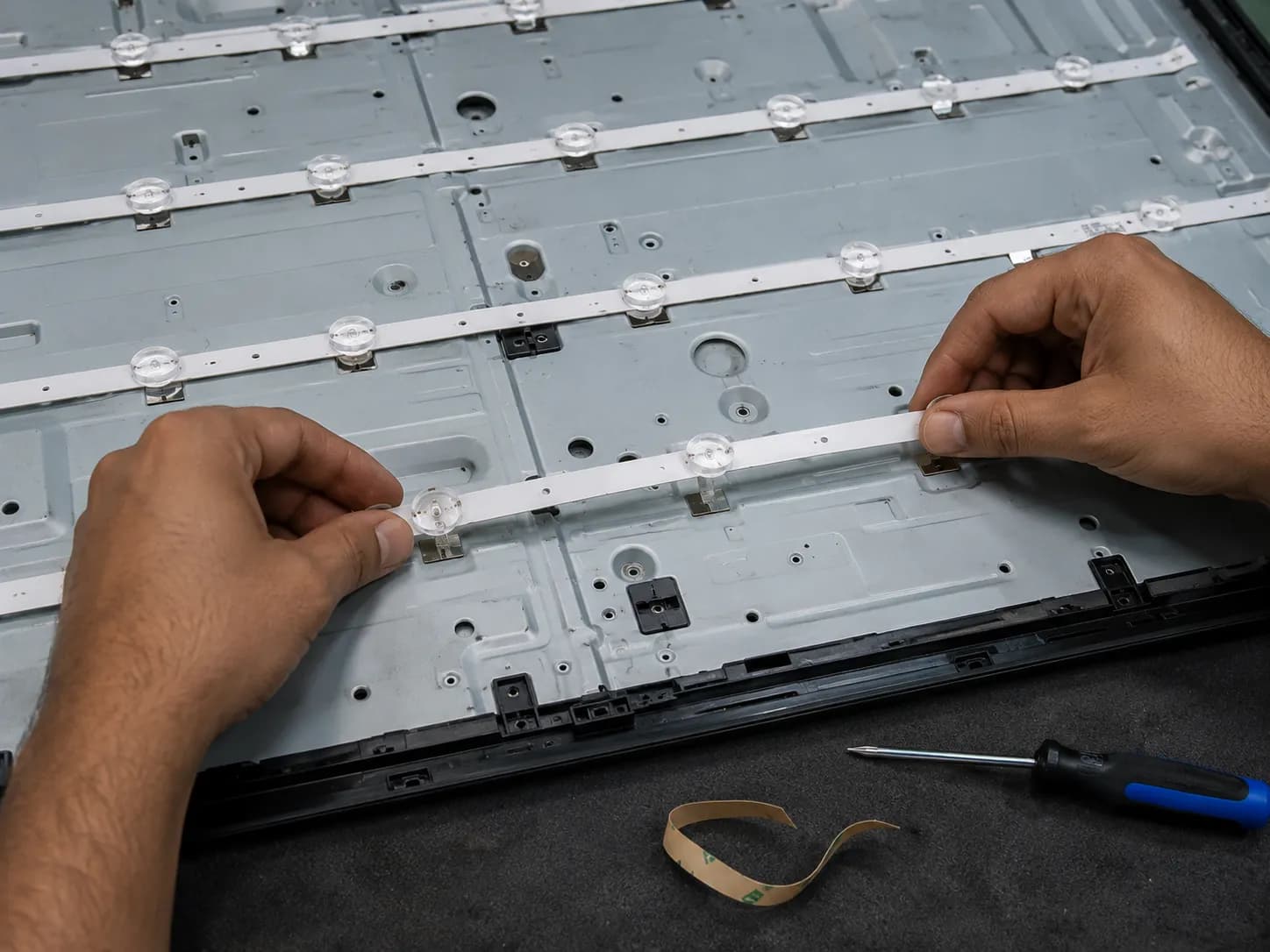 Hands installing a new LED backlight strip into an opened Samsung TV chassis with existing LED strips, screwdriver, and adhesive backing visible during the repair process.