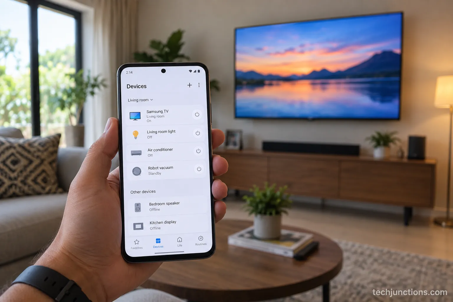 Smartphone showing a Samsung TV added to the SmartThings devices list