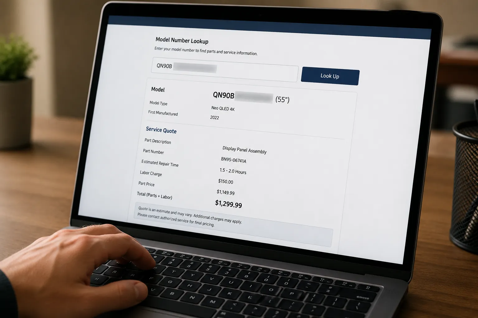 Laptop showing a TV model number lookup tool with a panel replacement service quote, estimated repair cost, and partially hidden model number for a Samsung TV.