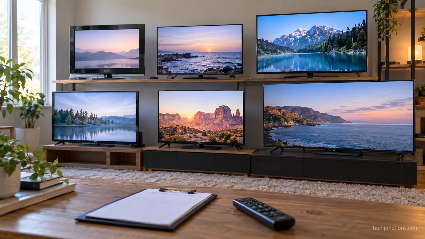 Six Samsung smart TVs set up on a bench for Netflix sign-out testing