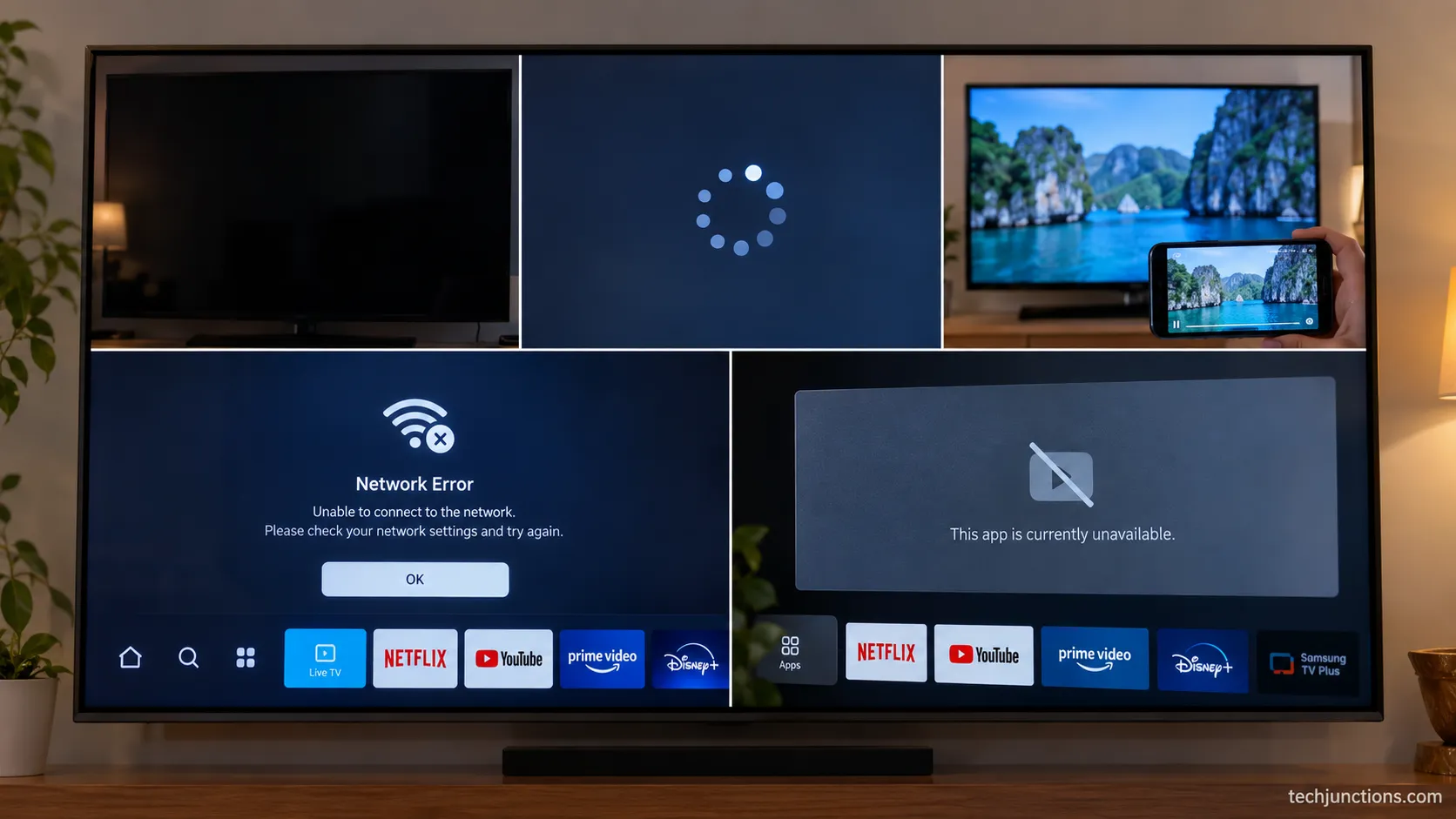 Samsung TV showing five Netflix failure symptoms used to route each problem to its specific fix.