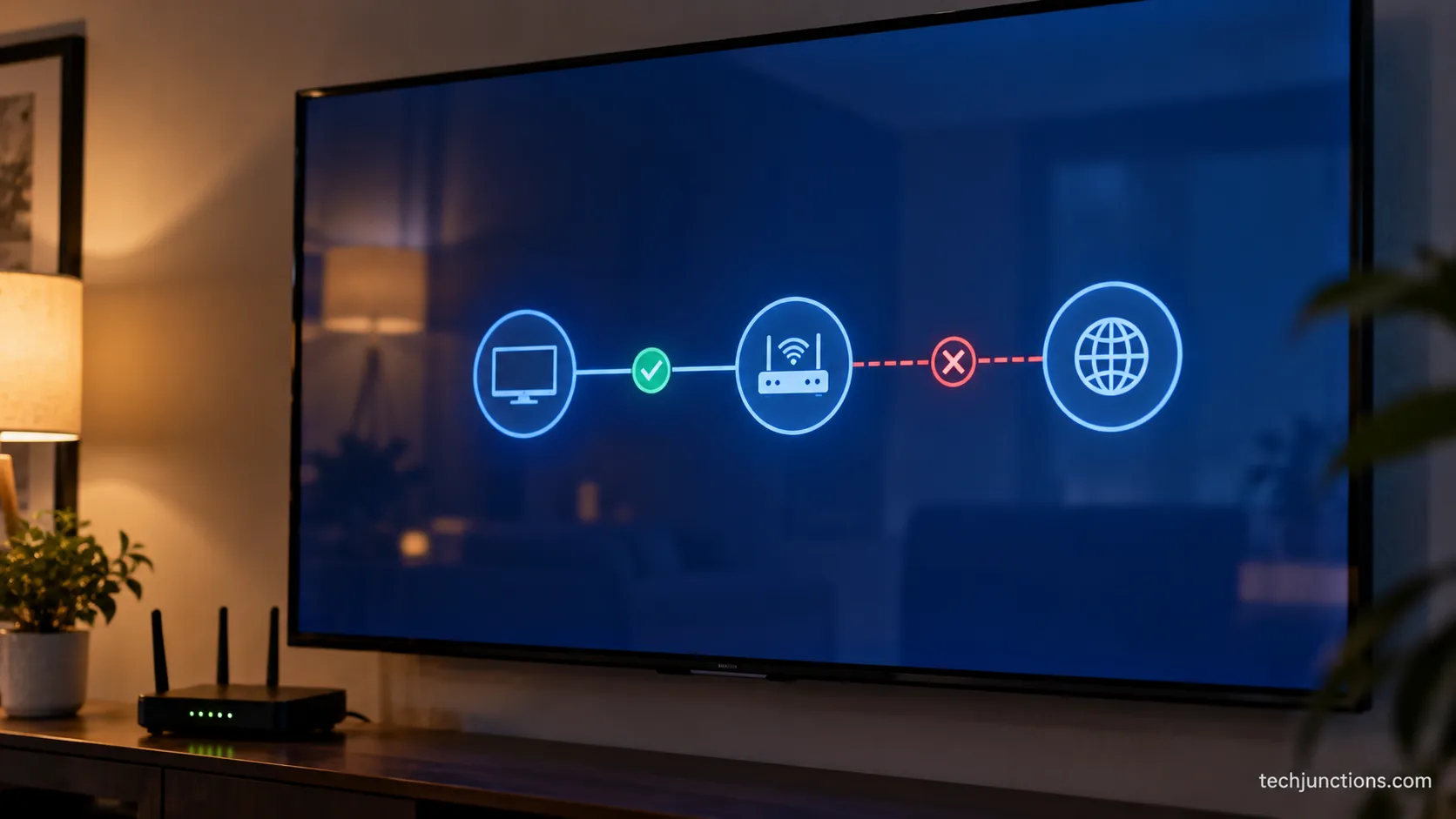 Samsung TV Network Status test showing the router connected but no internet.