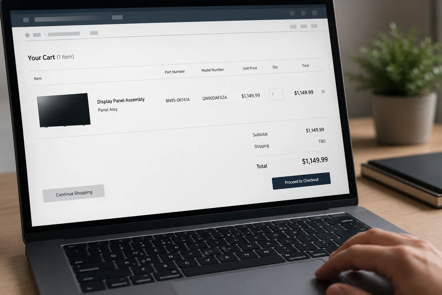 Laptop displaying an online shopping cart with a genuine TV display panel assembly, model and part number, and replacement price for a Samsung TV screen repair estimate.