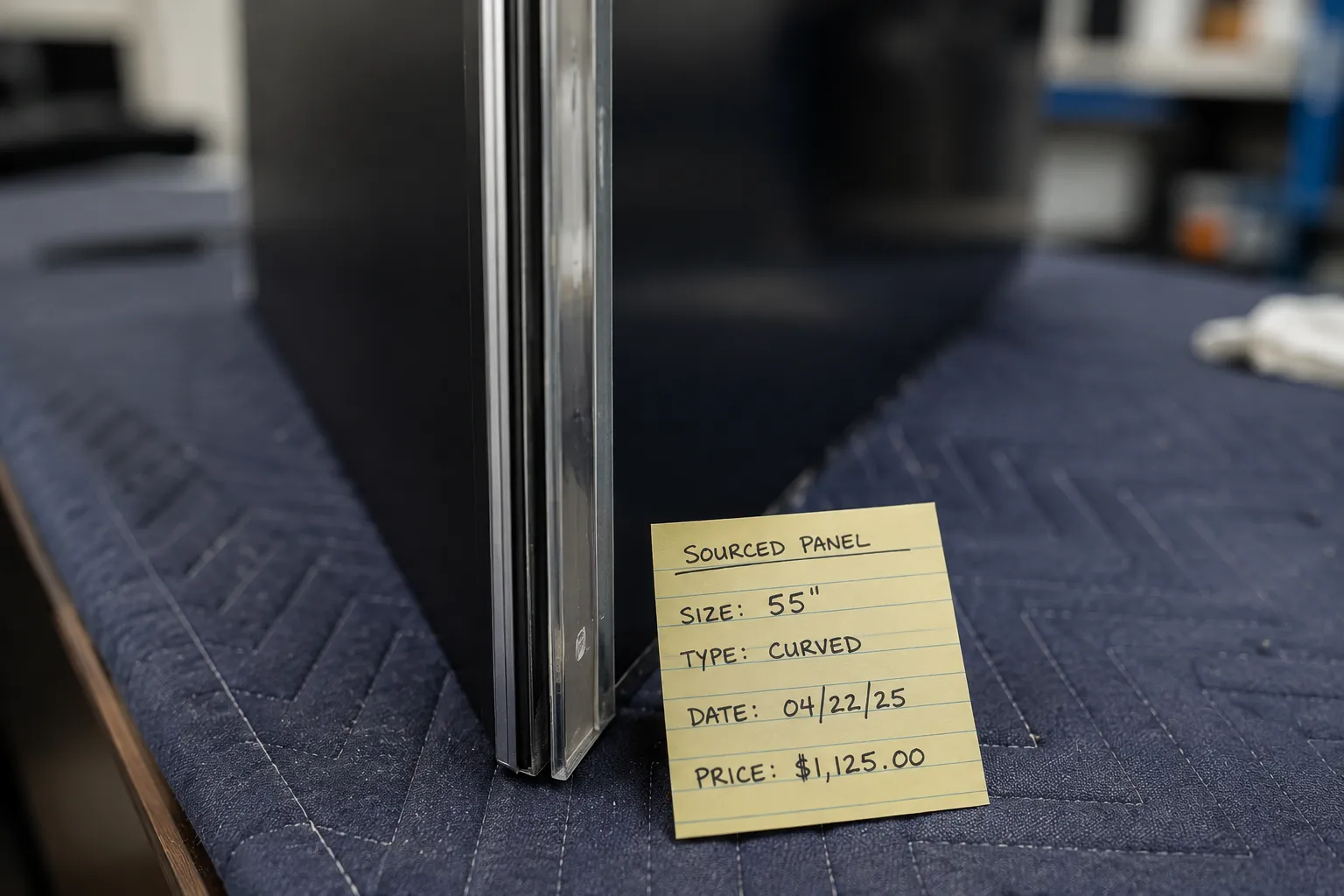 Close-up of a flat-screen TV panel edge on a workshop bench with a dated sourcing note showing replacement panel details and price for Samsung TV screen repair.