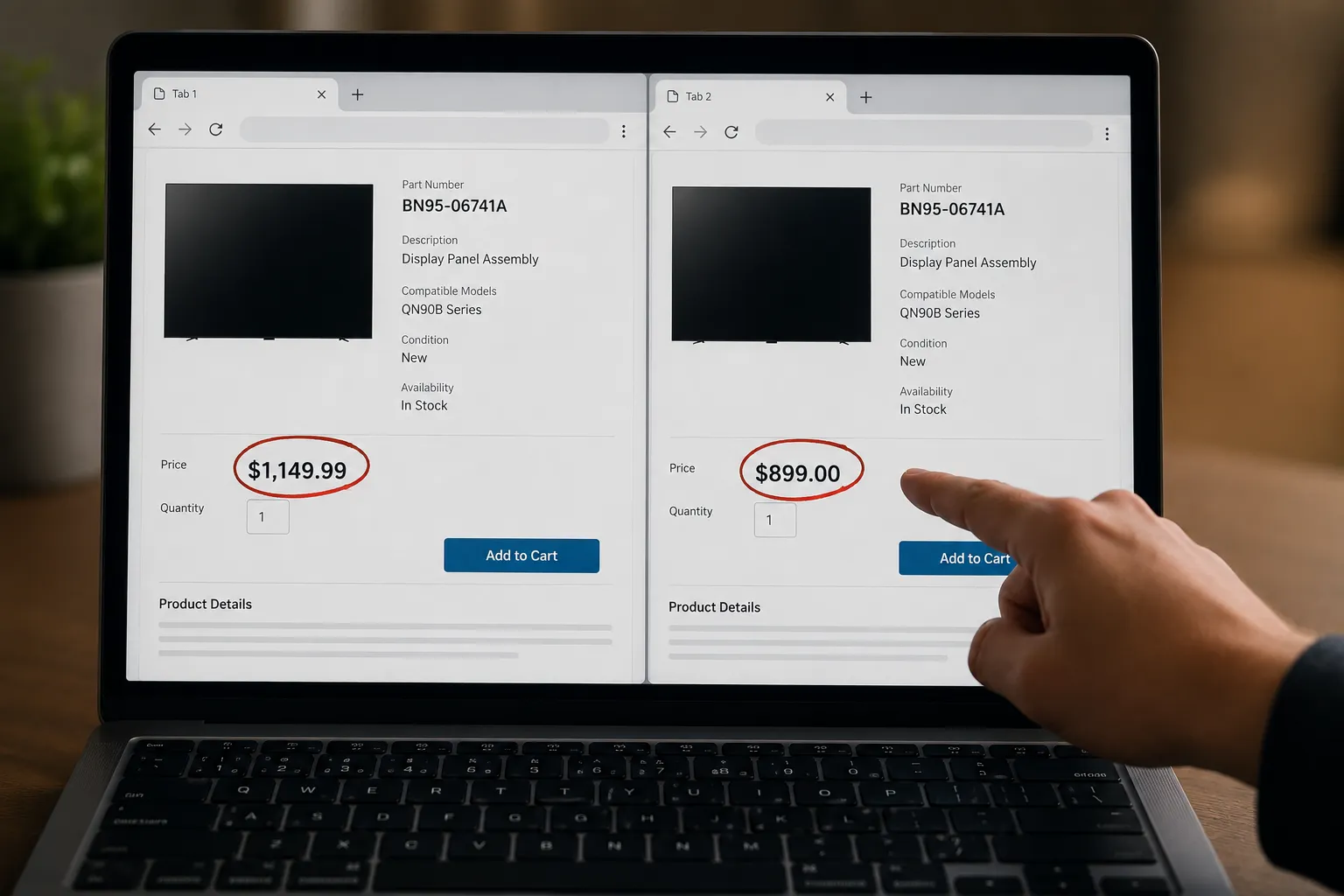 Laptop comparing two suppliers listing the same TV panel part number with different prices, highlighting the lower-cost Samsung screen replacement option.