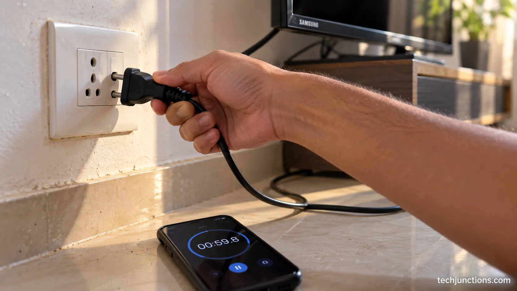 Unplugging a Samsung TV for a 60-second power cycle with a phone timer running.