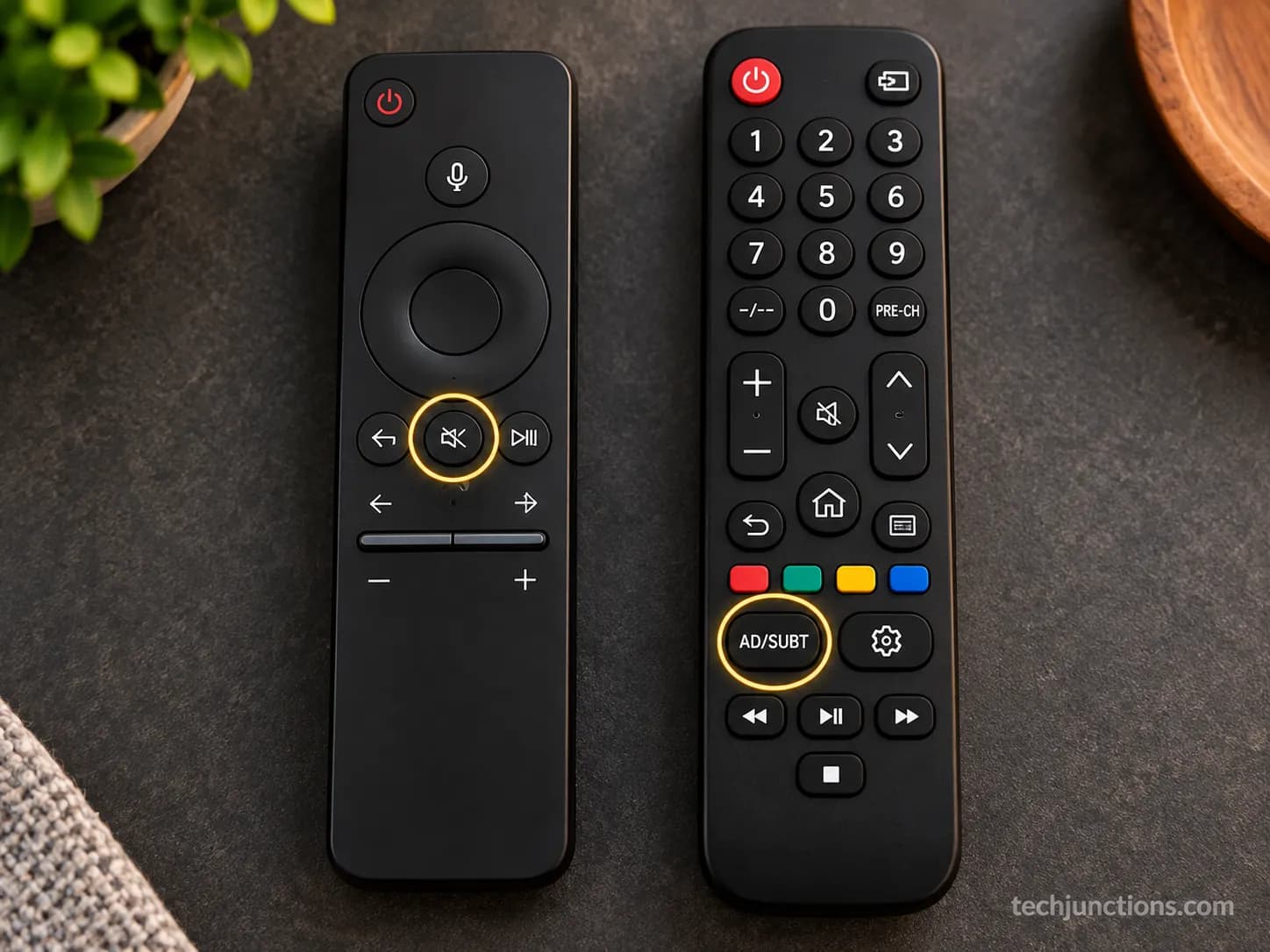 Samsung Smart Remote and standard remote with the Mute and AD/SUBT buttons highlighted.