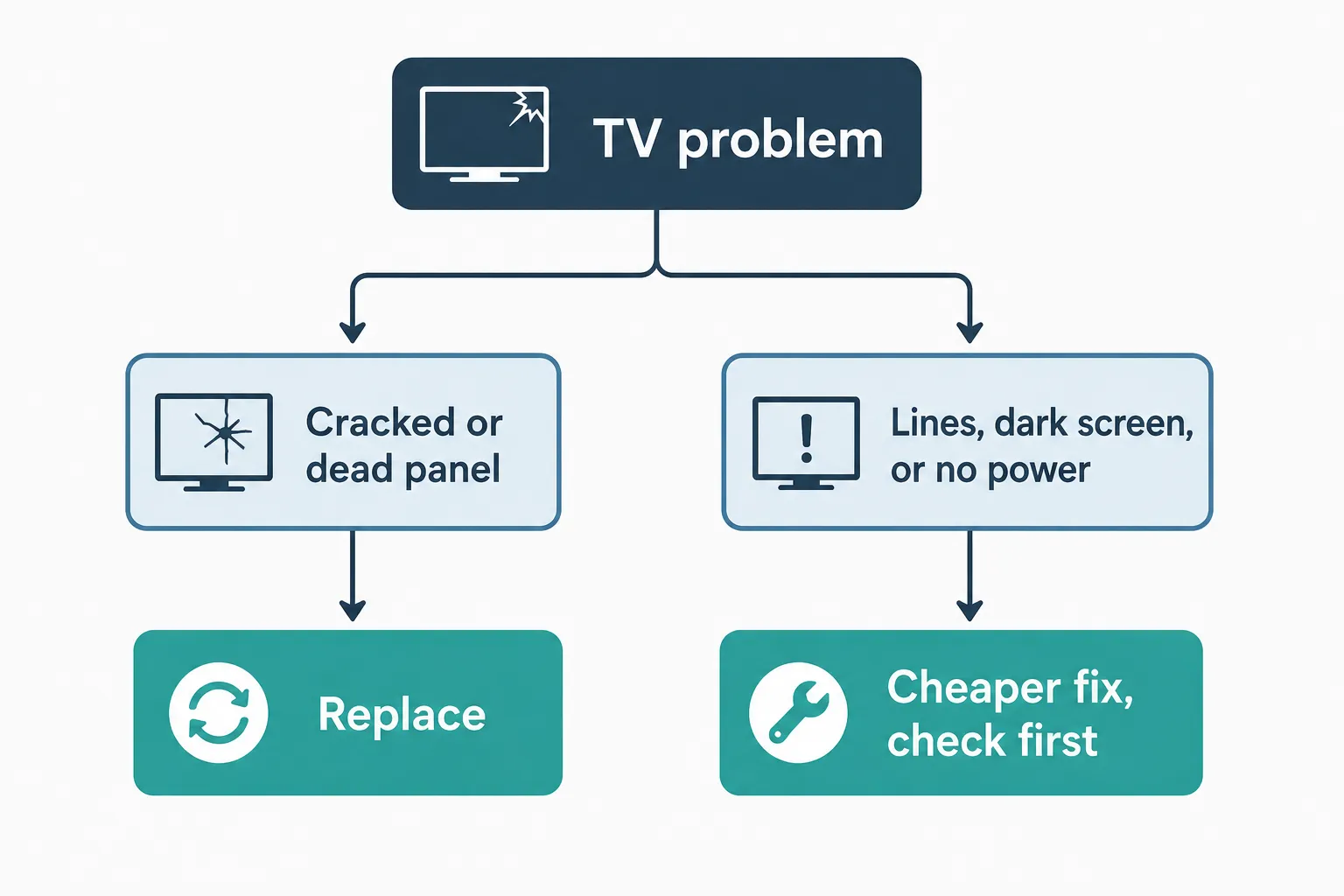 Flowchart showing whether to repair or replace a TV based on symptoms, separating cracked or dead panels from non-panel issues like lines, dark screen, or no power.