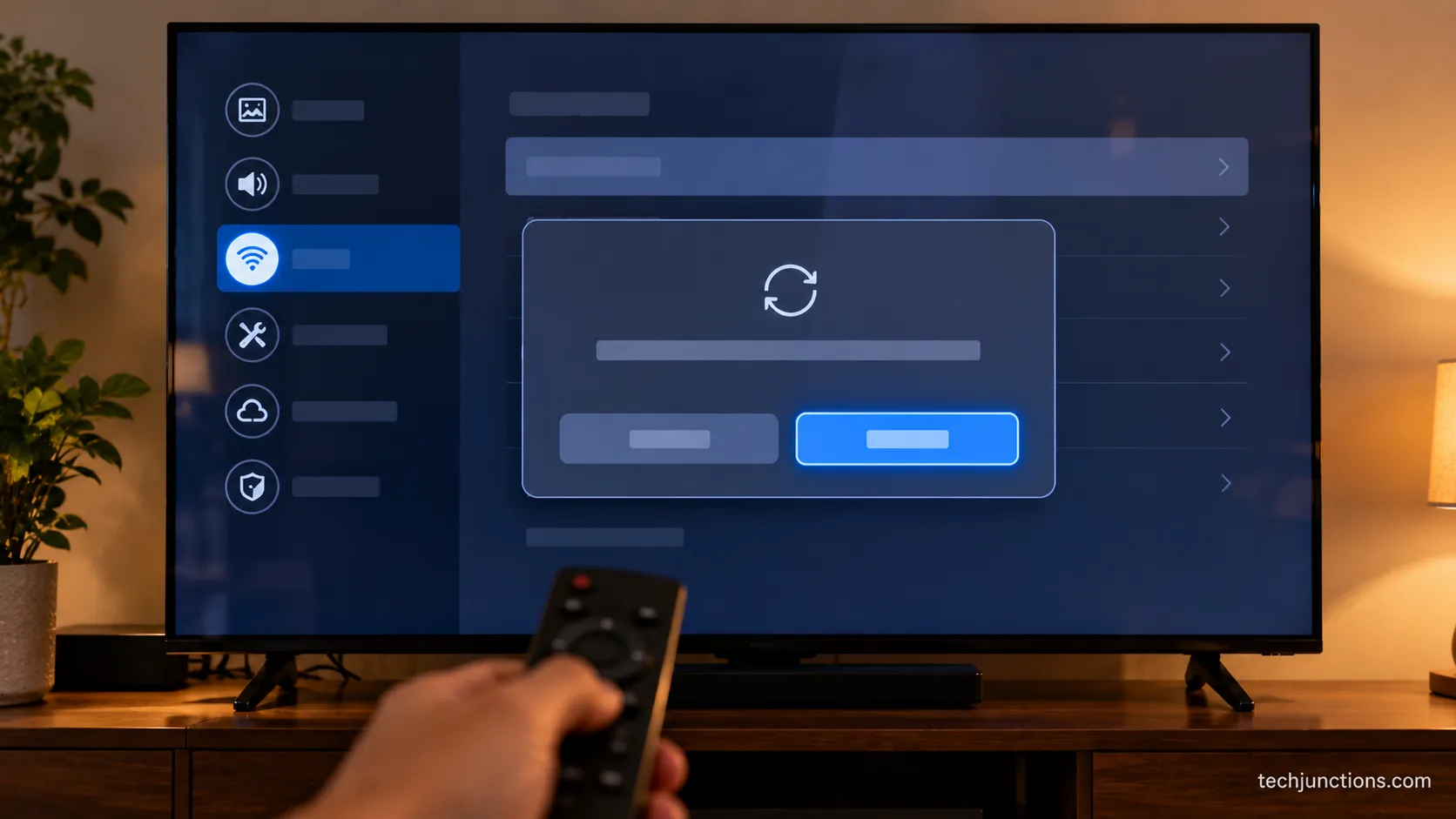 Samsung TV Reset Network confirmation screen in the Network settings menu.