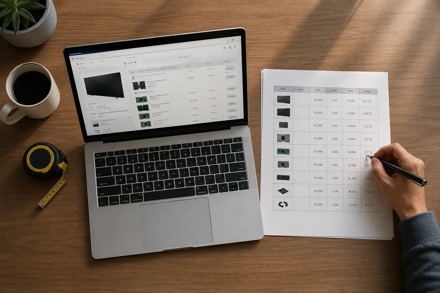 Top-down desk with a laptop showing TV parts pricing, a printed cost worksheet, and a hand calculating screen replacement cost as a percentage of a new Samsung TV price.