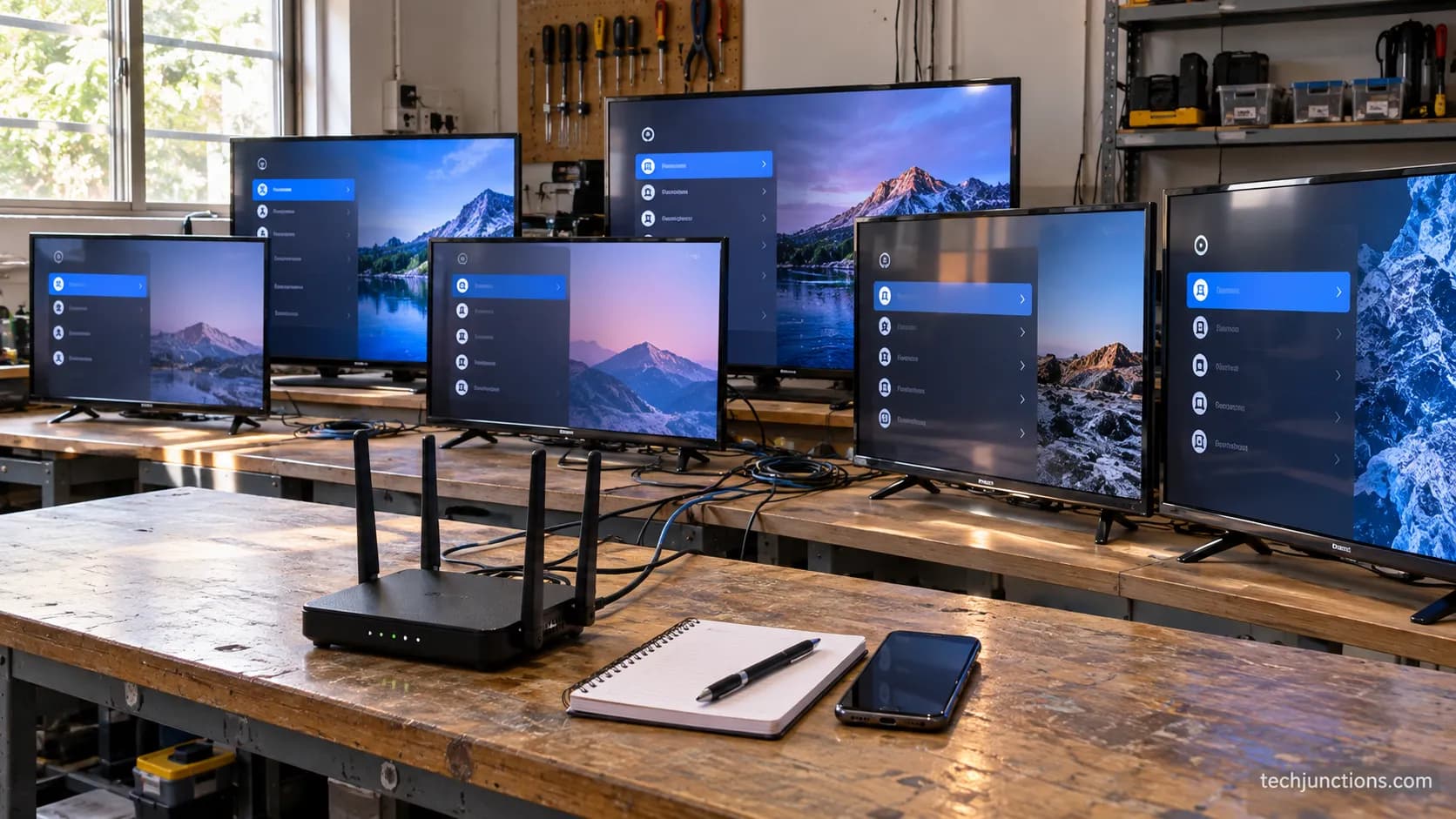 Six Samsung TVs on a test bench connected to one router for internet troubleshooting.