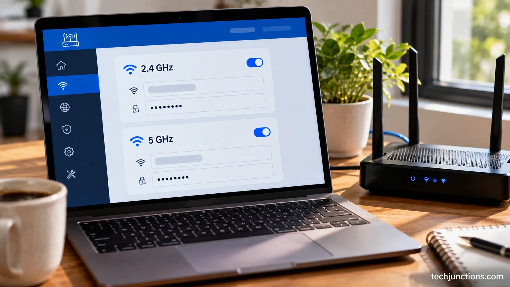 Router settings split into separate 2.4 GHz and 5 GHz networks for an older Samsung TV.