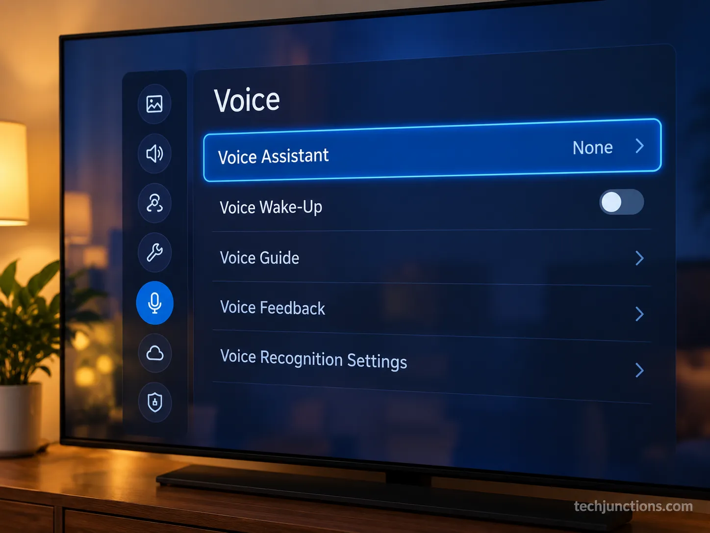Samsung TV Voice settings with Voice Assistant set to None and Voice Wake-Up turned off.