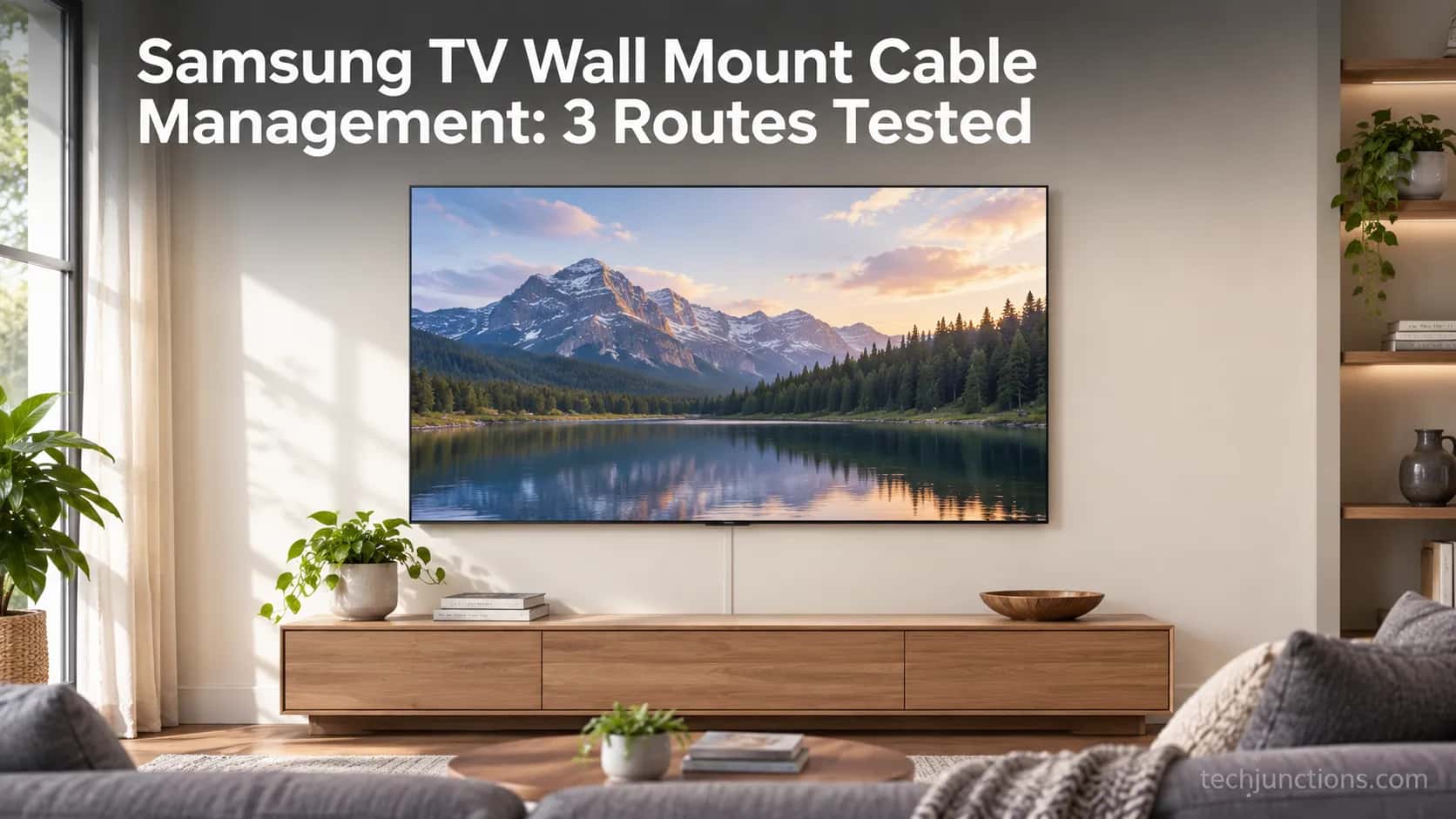 Wall-mounted Samsung TV with all cables hidden on a warm off-white wall, cover image