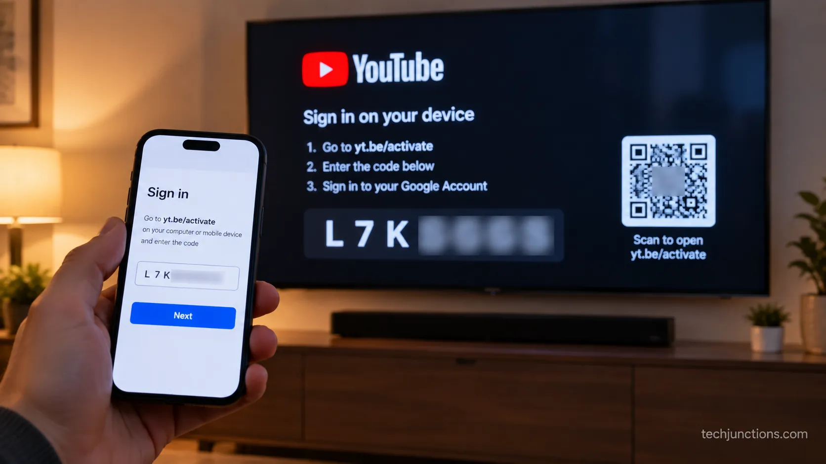 Entering a YouTube activation code shown on a Samsung TV using a phone
