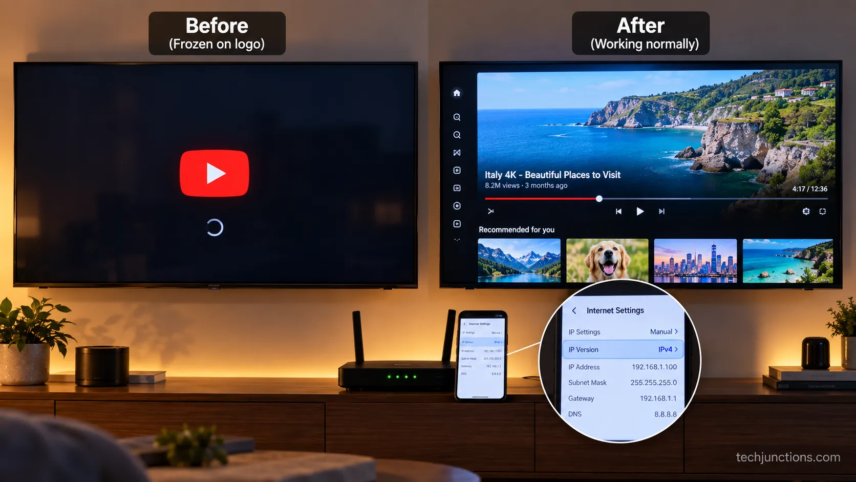 YouTube black screen fixed on a Samsung TV after switching the router to IPv4
