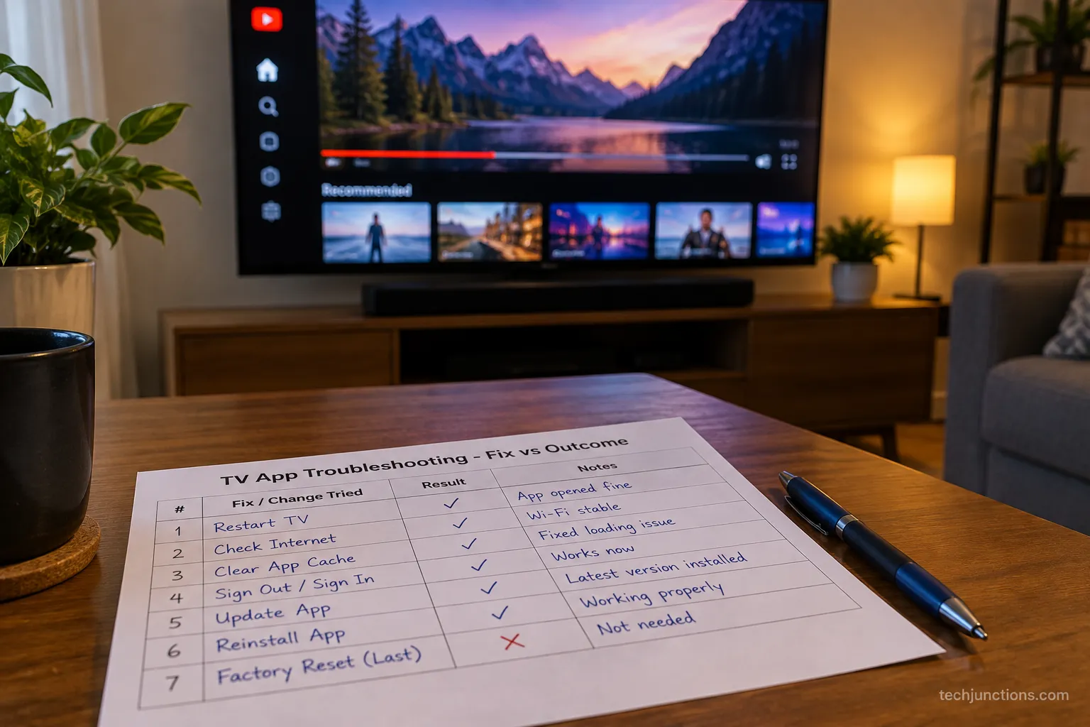 Handwritten test results comparing YouTube fixes on a Samsung TV