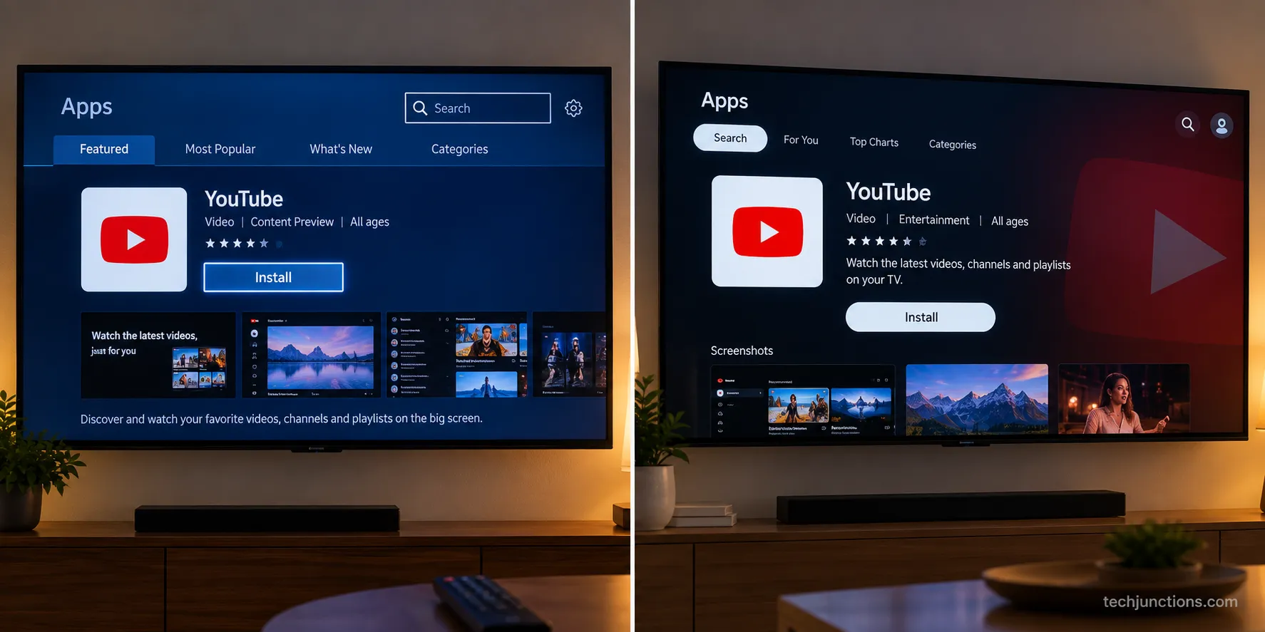 Installing the YouTube app on two different Samsung TV model years