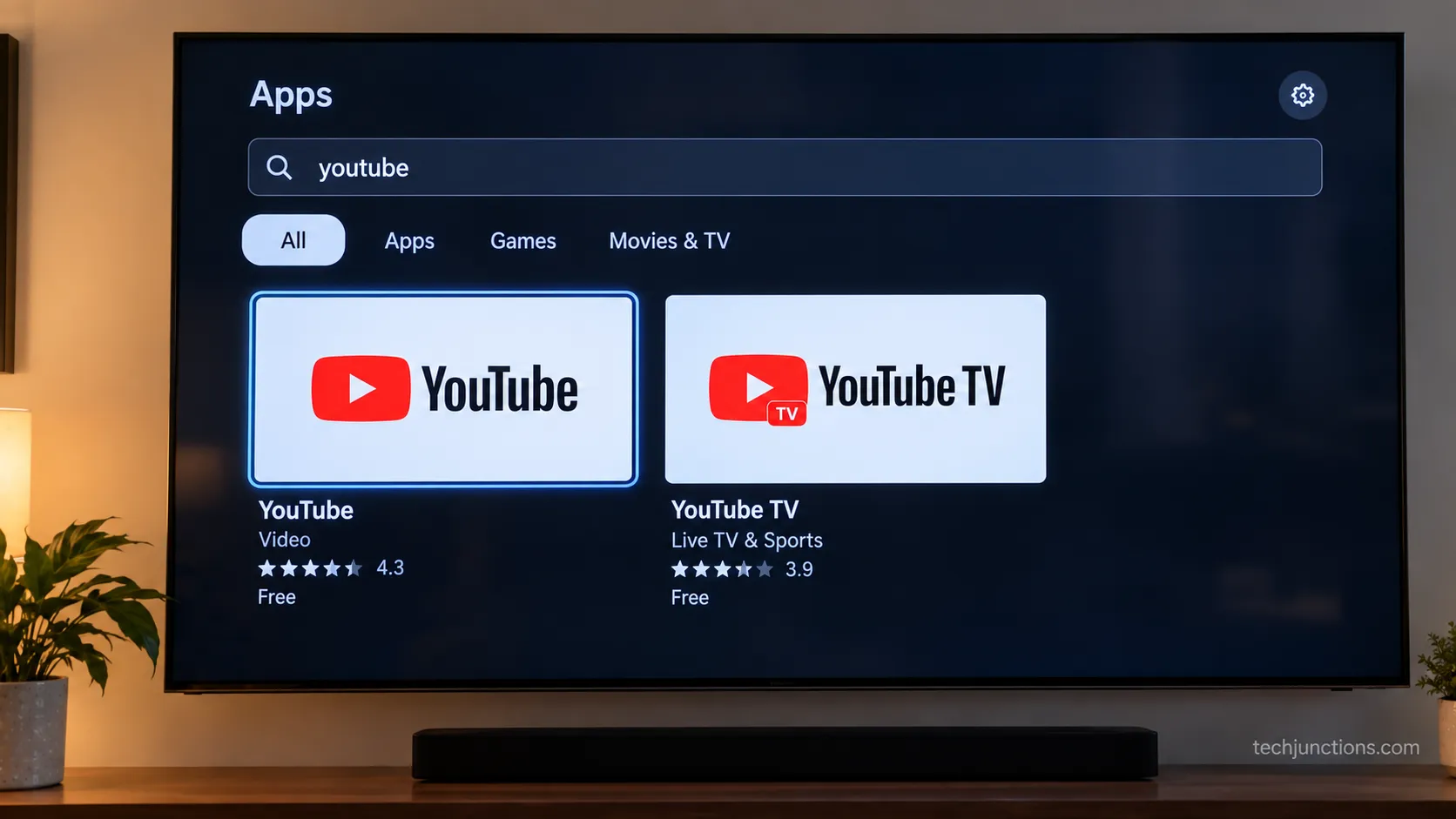 Samsung TV app store showing the free YouTube app beside the paid YouTube TV app