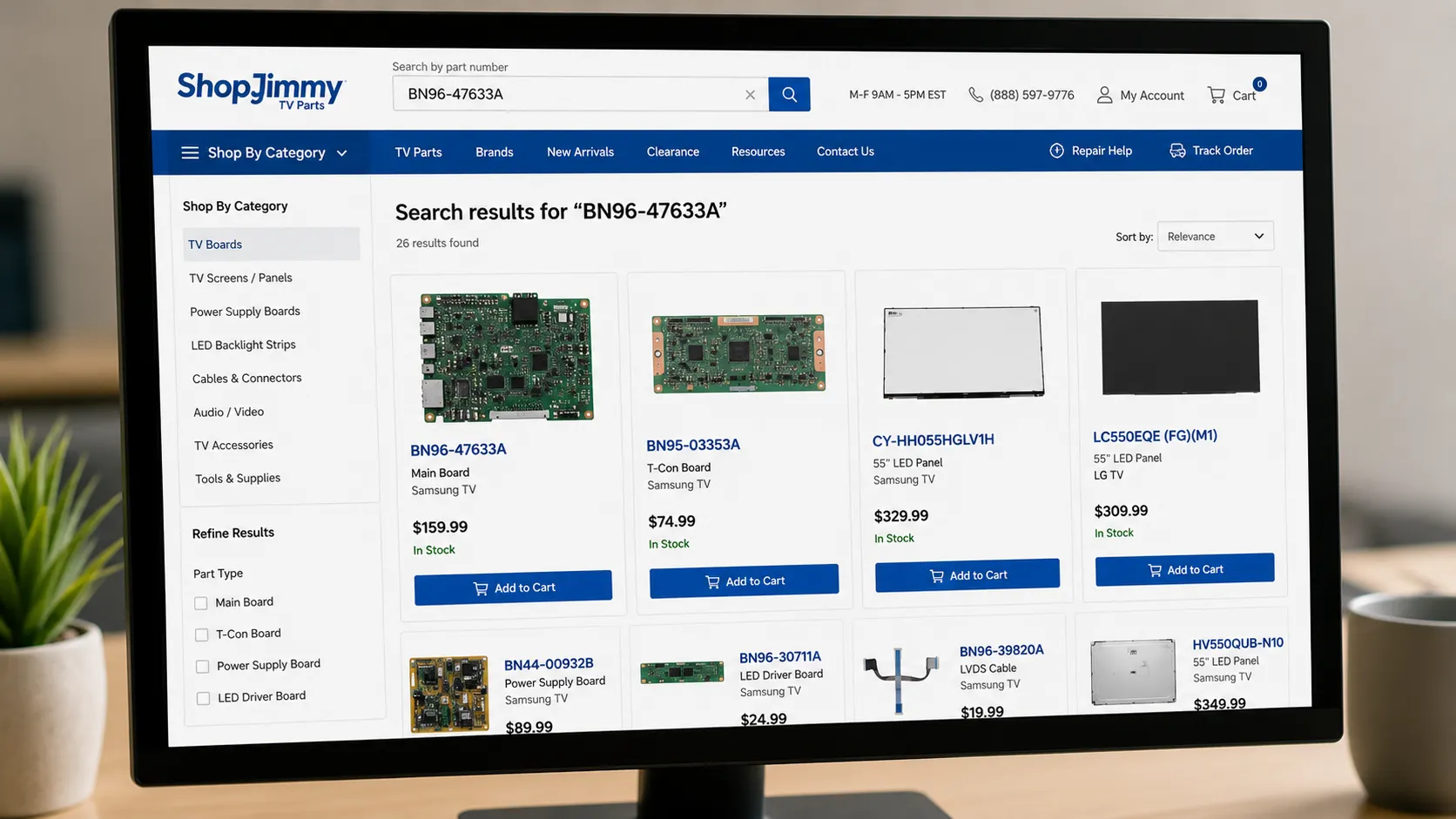 Desktop monitor displaying the ShopJimmy TV parts catalog with search-by-part-number results for replacement TV boards and LCD panels in a grid of product listings.