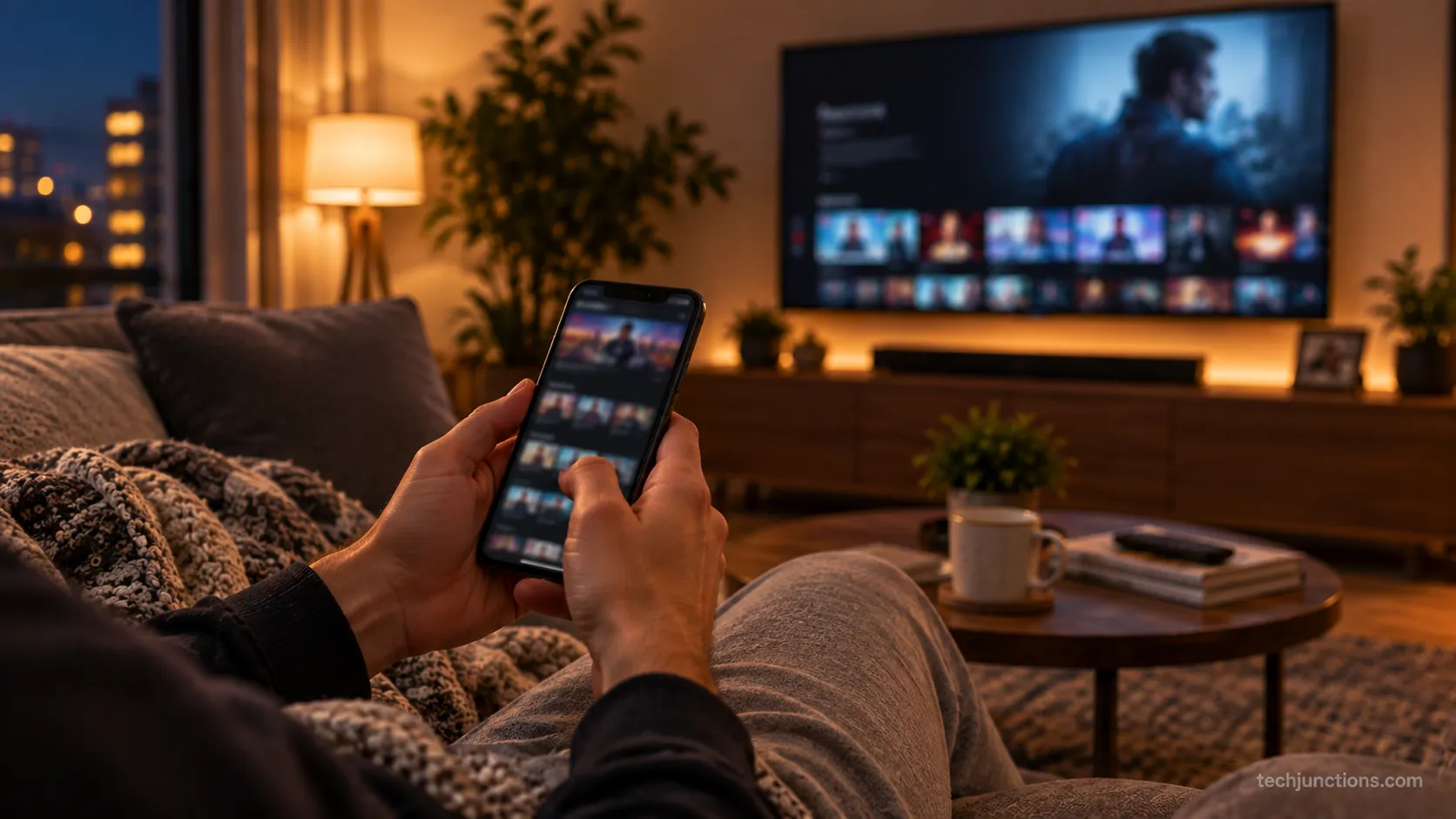 A person at home signing a forgotten hotel TV out of Netflix from a phone.