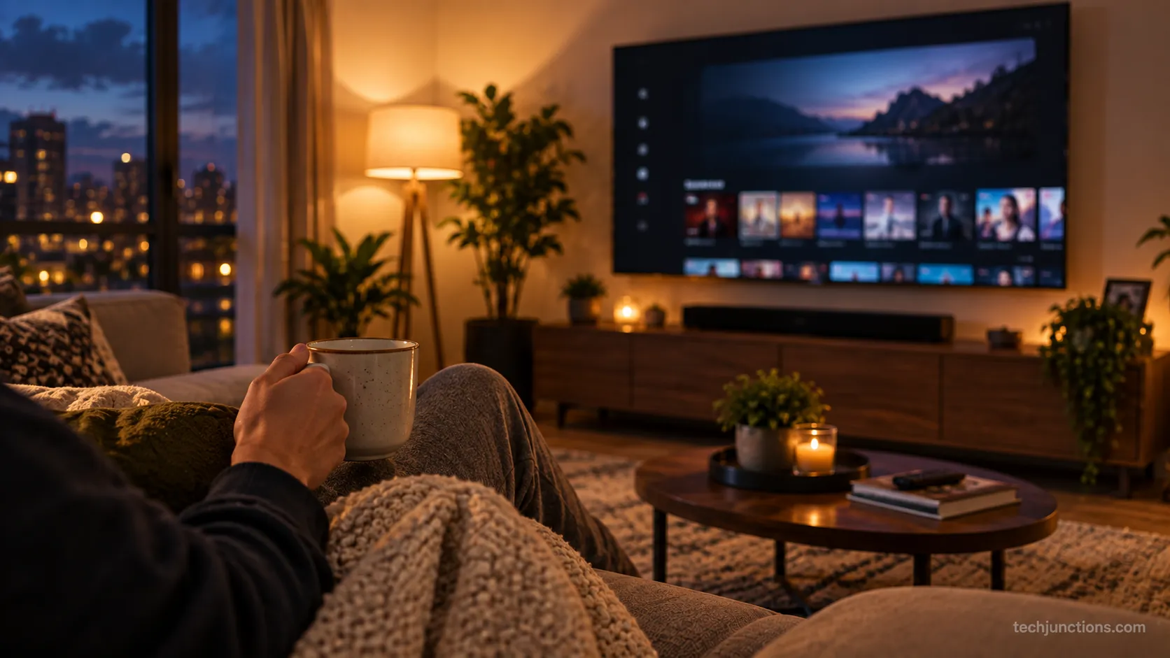 A person on a sofa looking at a smart TV, illustrating that signing out keeps the subscription.