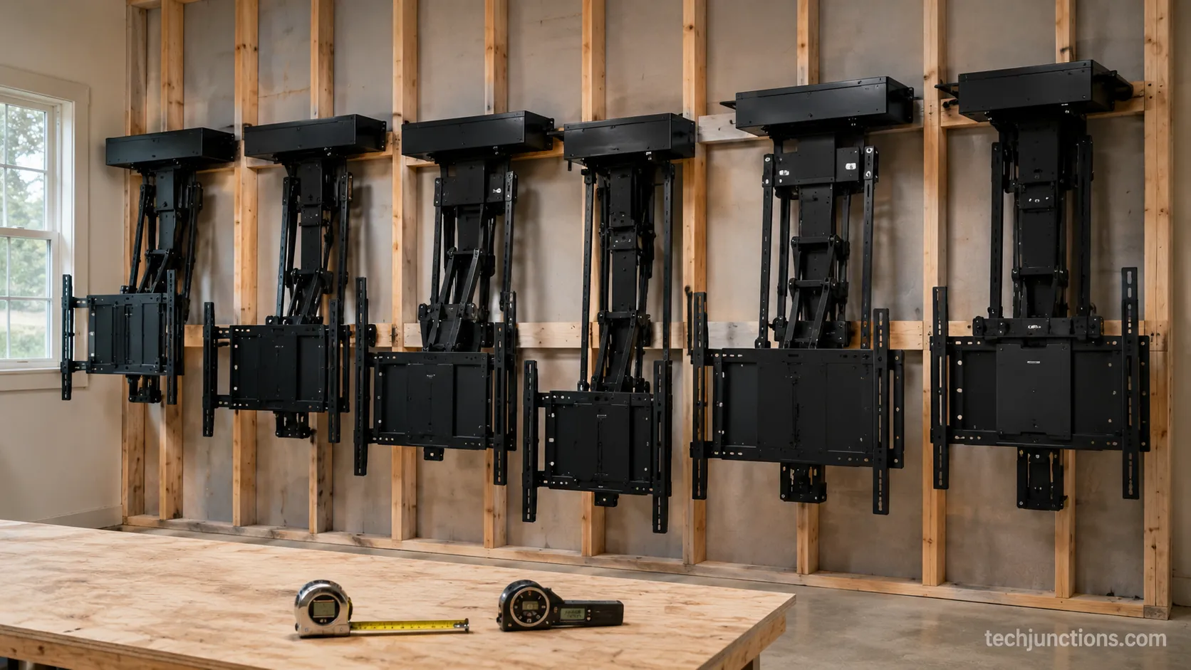 Six pull-down fireplace TV mounts lined up for testing on a studded wall.