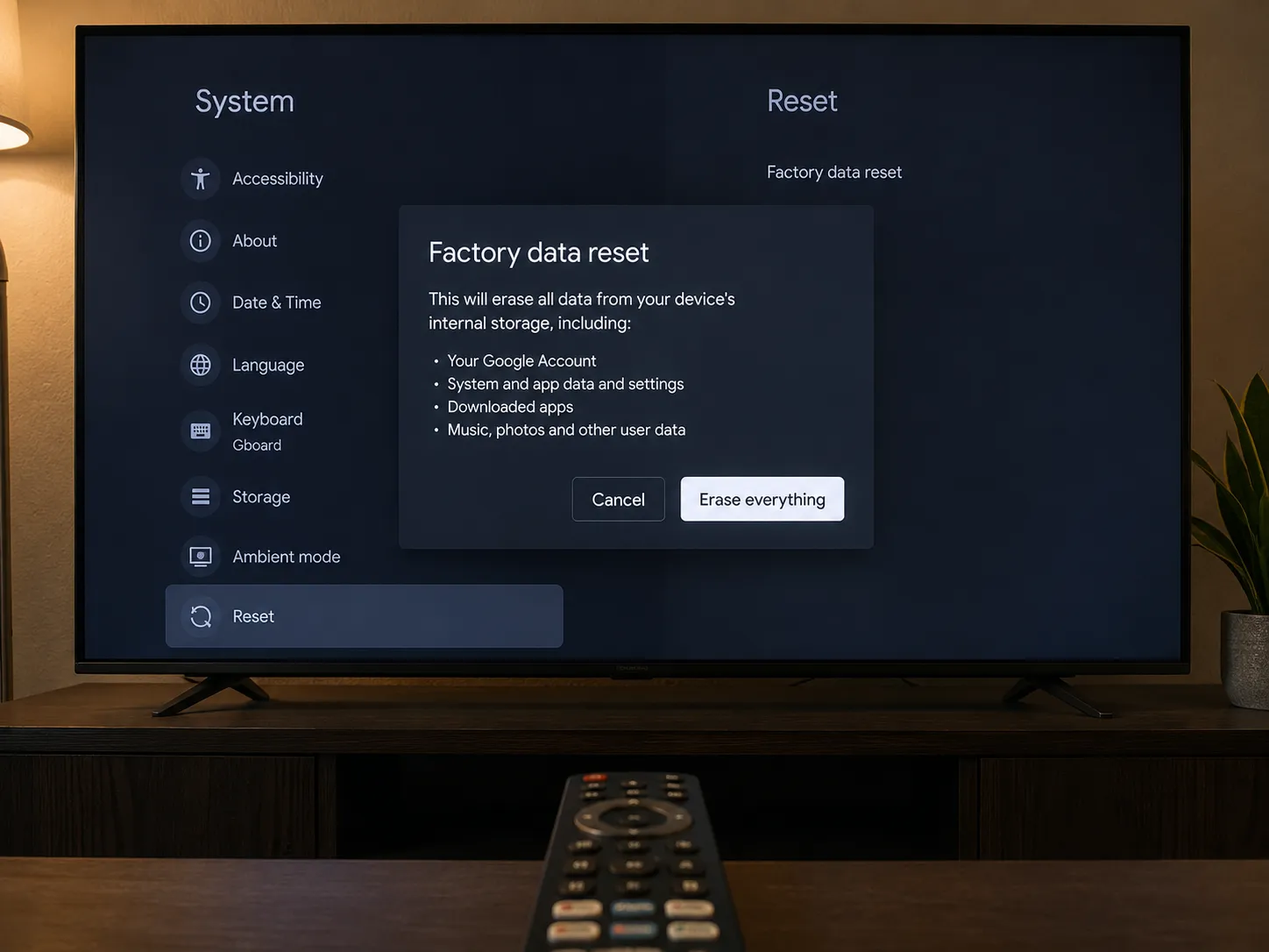 Smart TV settings screen showing a factory-reset confirmation prompt before disposal.