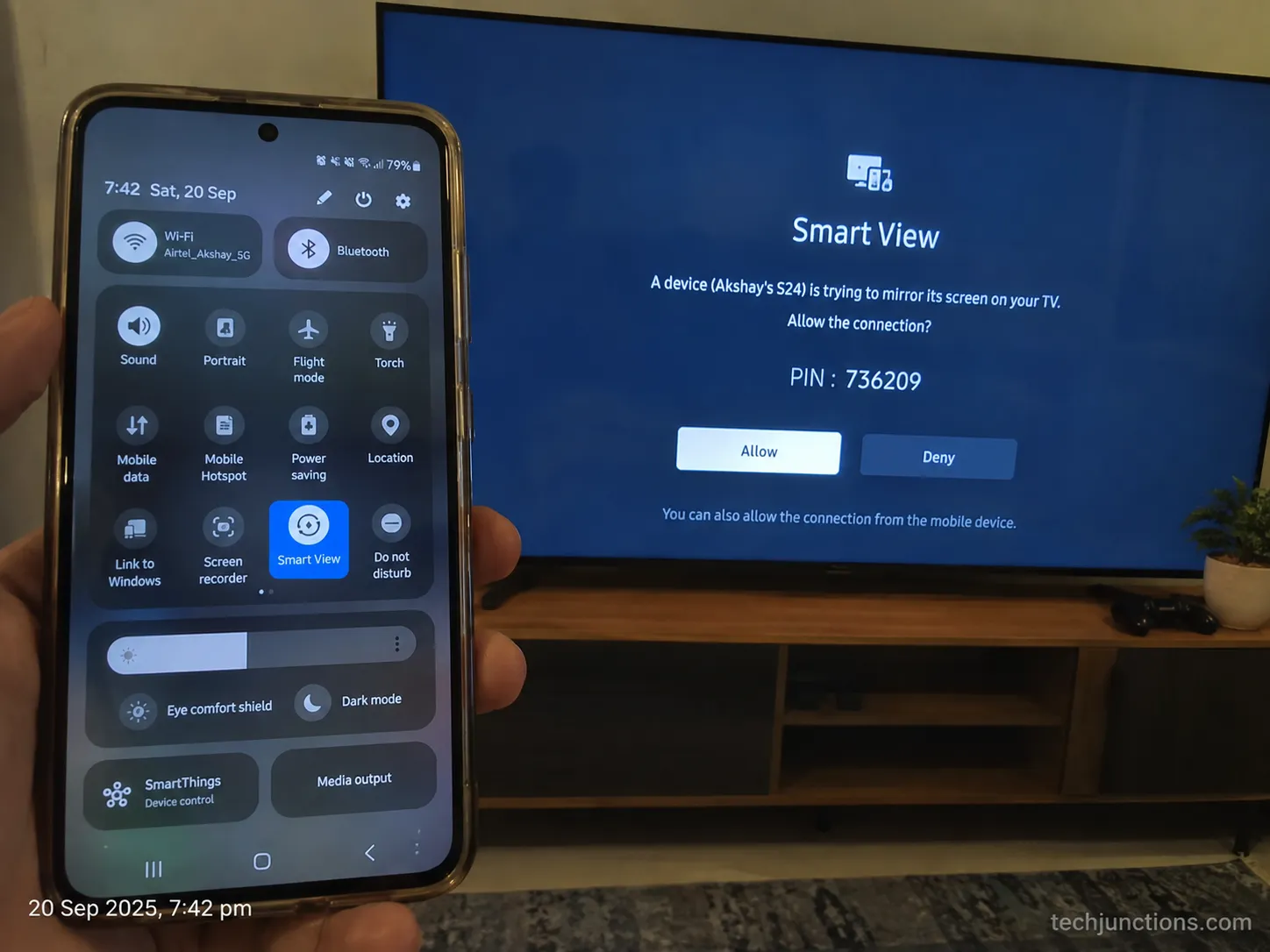 Samsung Smart View connecting a Galaxy phone to a Samsung TV with a PIN prompt.