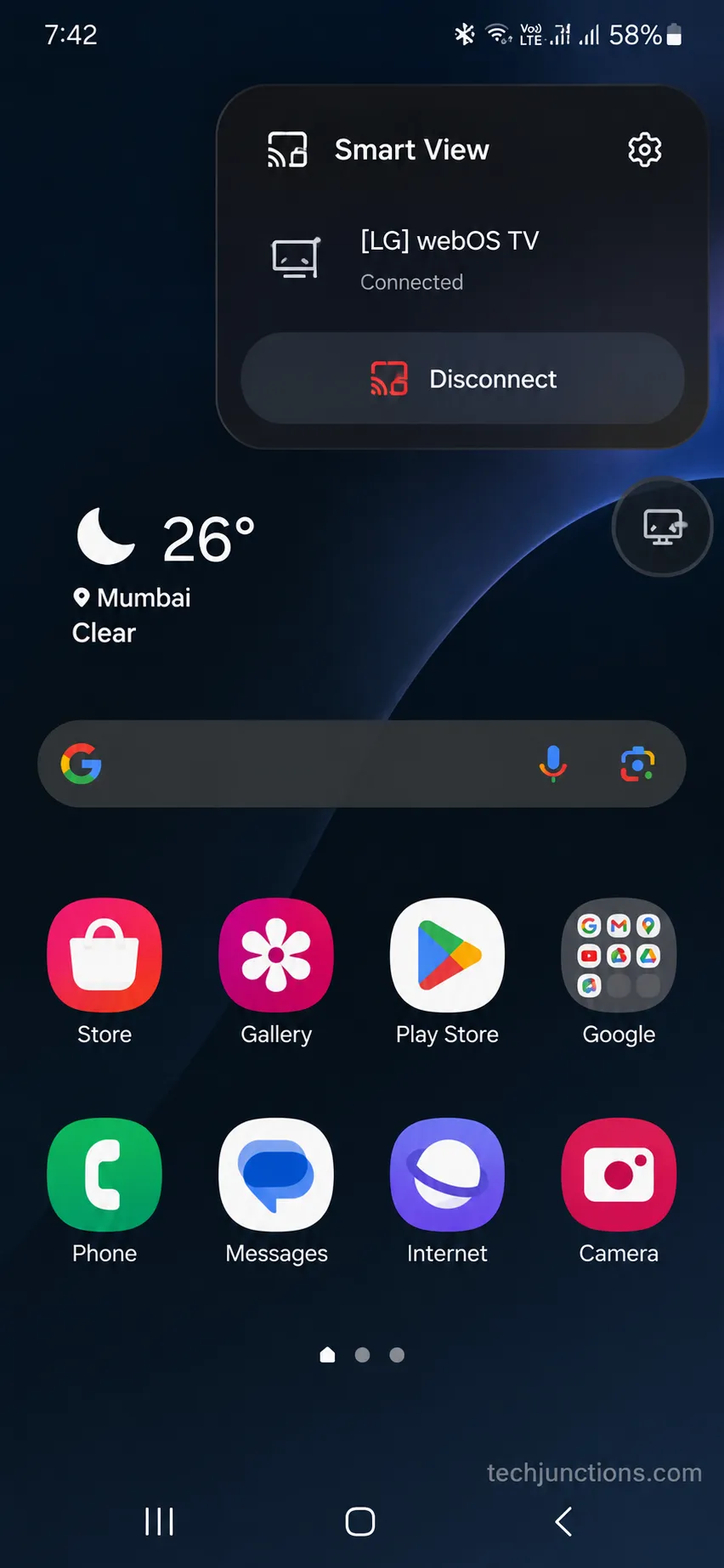 Disconnecting a Samsung Smart View mirroring session from the phone.