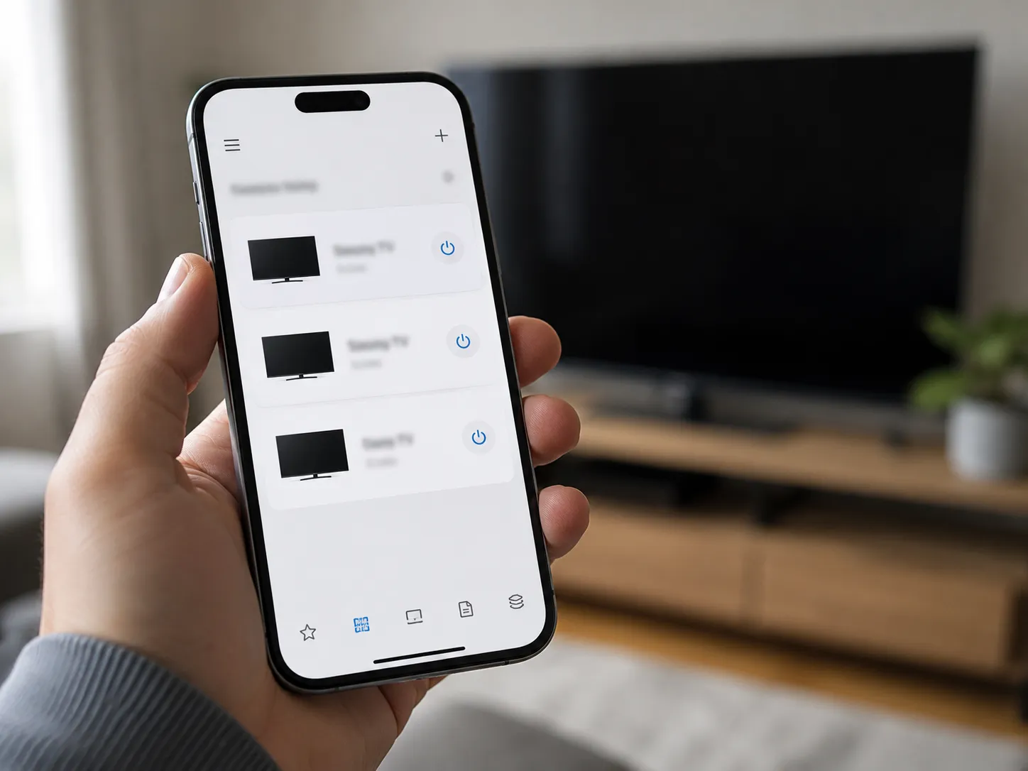 Hand holding a smartphone displaying the SmartThings device list with three Samsung TVs shown online, while a television is blurred in the background of a modern living room.