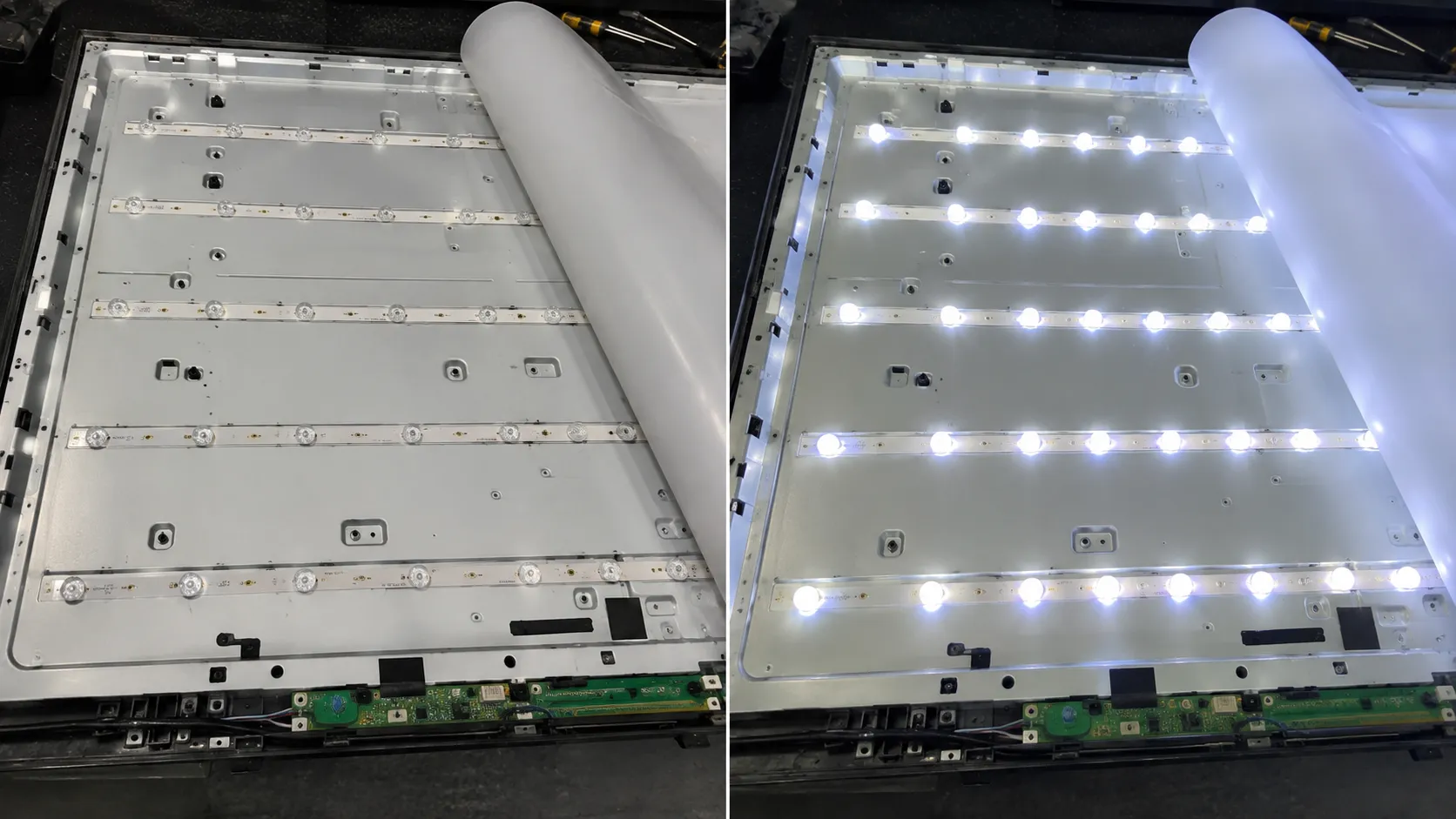 Before-and-after comparison of a Sony TV LED backlight replacement showing dim old LED strips on the left and bright new illuminated strips installed on the right.