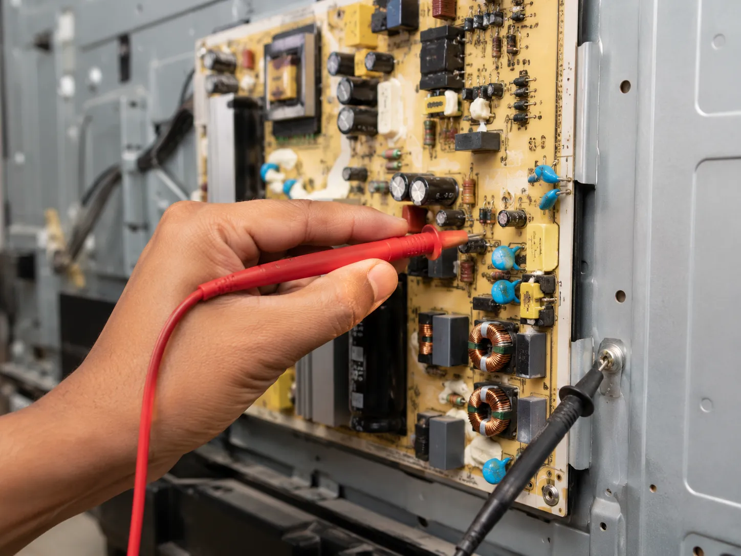 Technician testing a Sony TV power supply board with a digital multimeter, checking LED driver voltage and standby rail inside an opened flat-screen television.