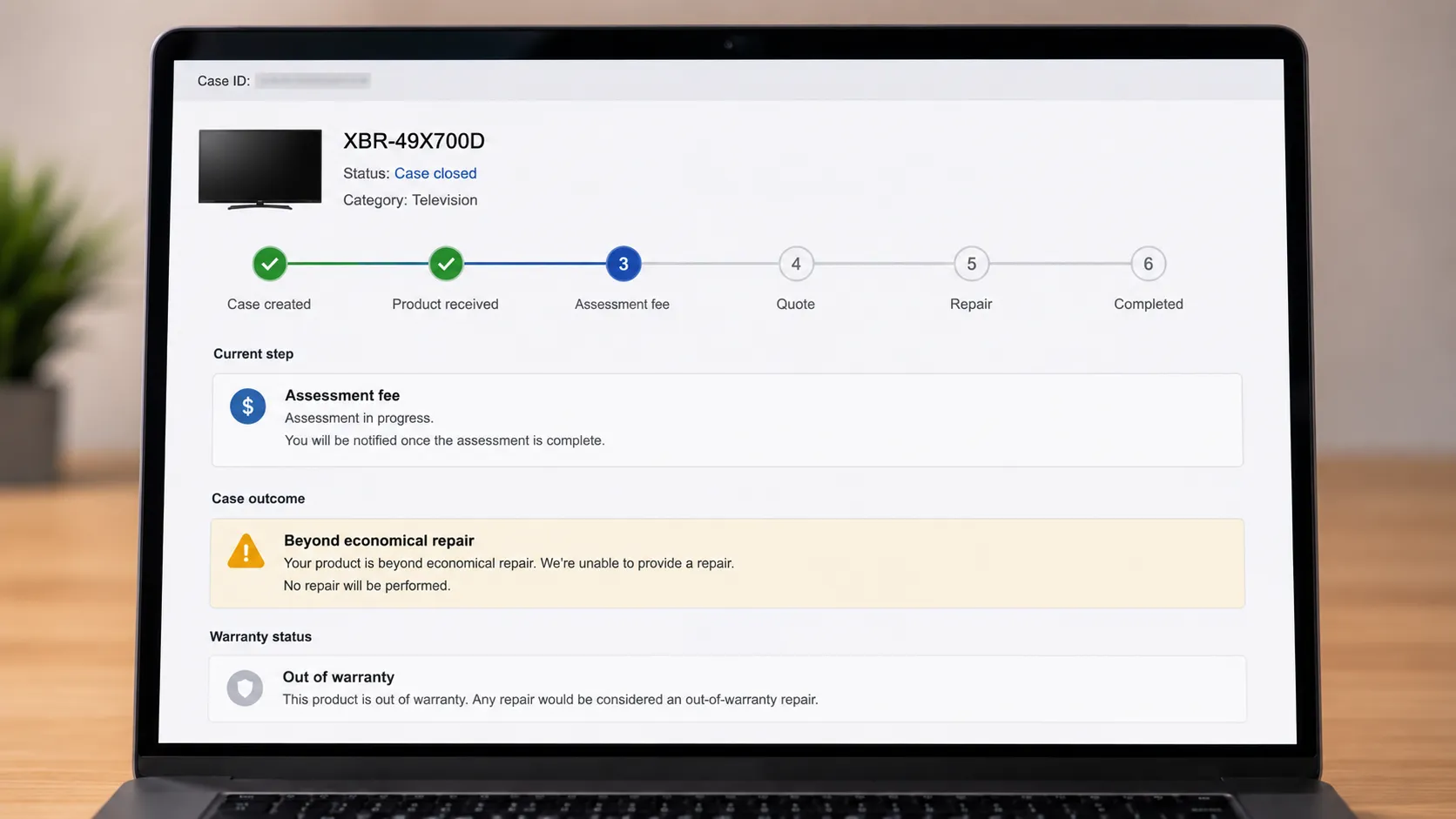 Laptop displaying a TV repair support case with assessment status, out-of-warranty repair timeline, and beyond economical repair outcome for a Sony television.