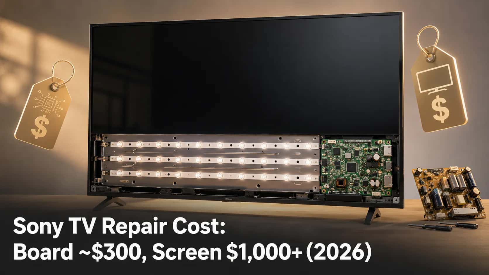 Opened flat-screen TV showing LED backlight strips and circuit board with repair cost comparison for board and screen replacement in 2026.