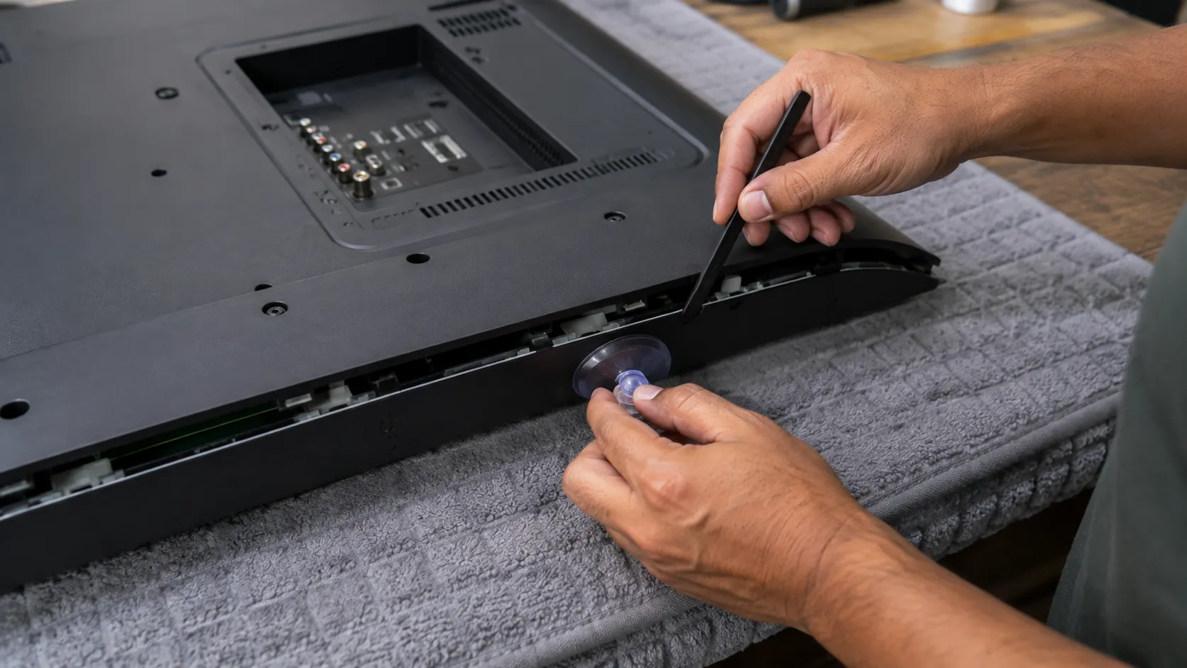 Hands using a spudger and suction cup to open a TV back panel