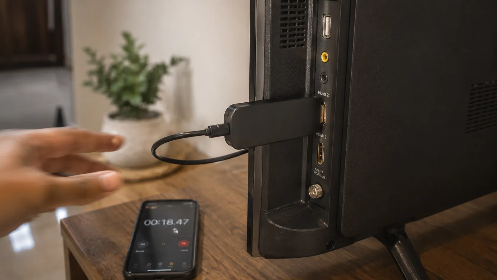 Close-up of a streaming stick plugged into a TV's side HDMI port during an app loading test, with a phone stopwatch on the media console measuring startup performance.