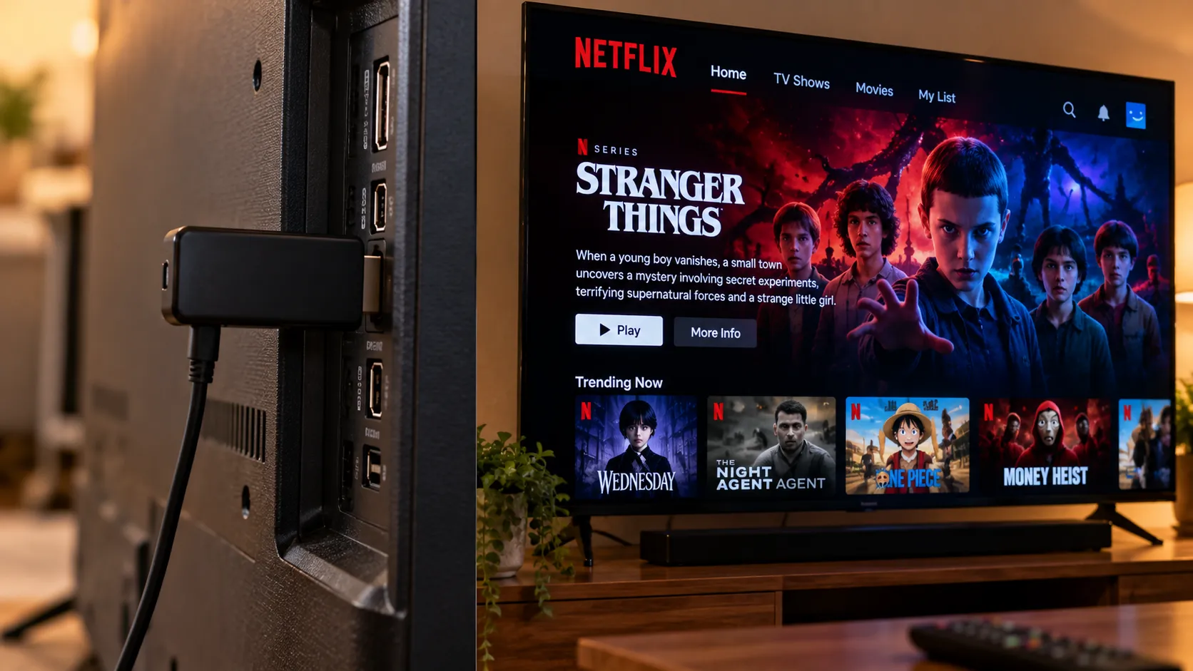 Streaming stick plugged into a Samsung TV HDMI port with Netflix playing after software fixes failed.