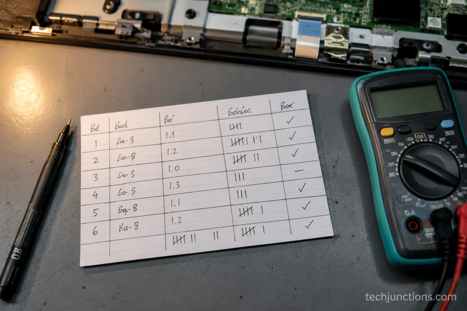 Repair bench card tallying T-Con board test results across six donor TVs.