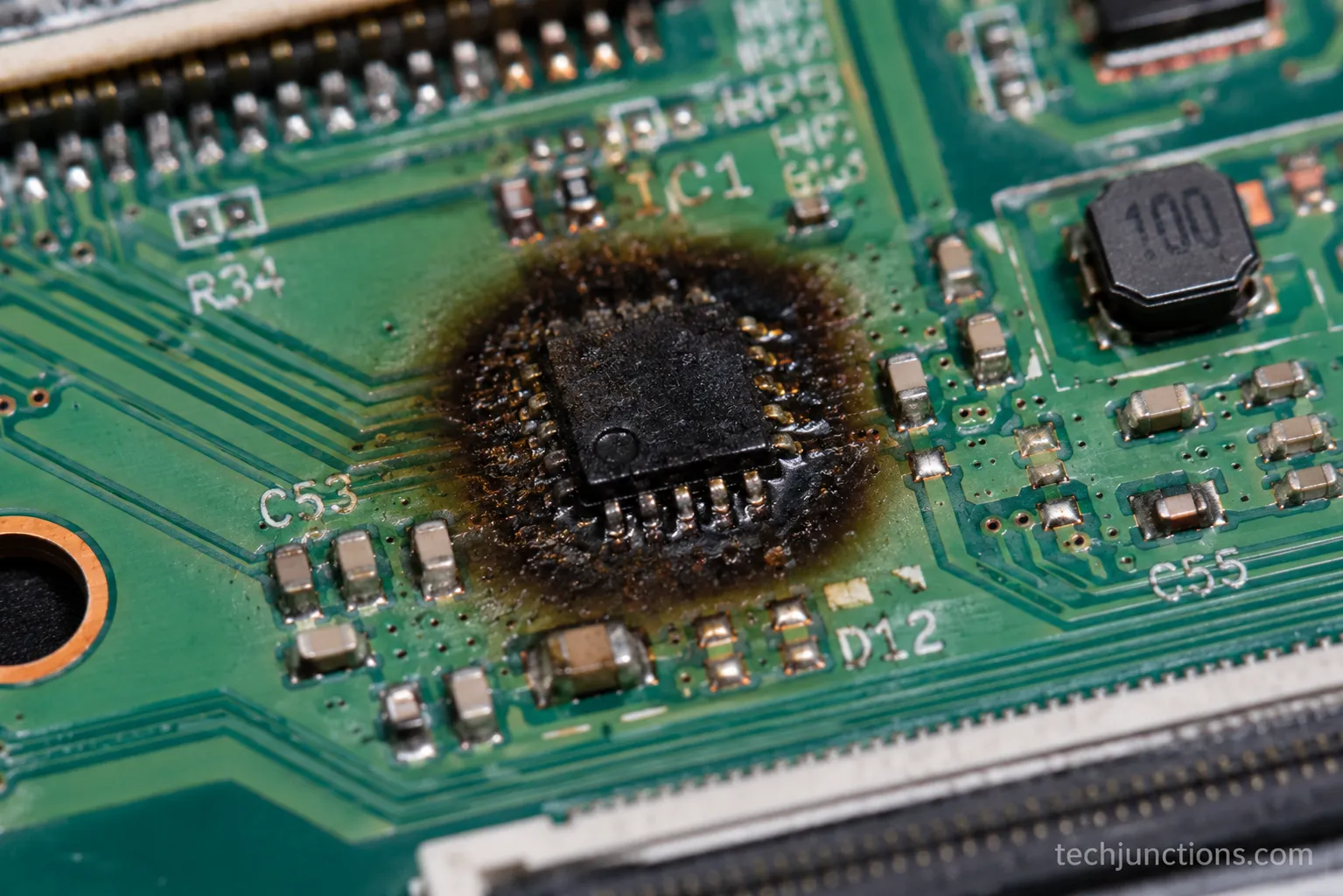 Burn mark near a driver chip on a failed TV T-Con board.
