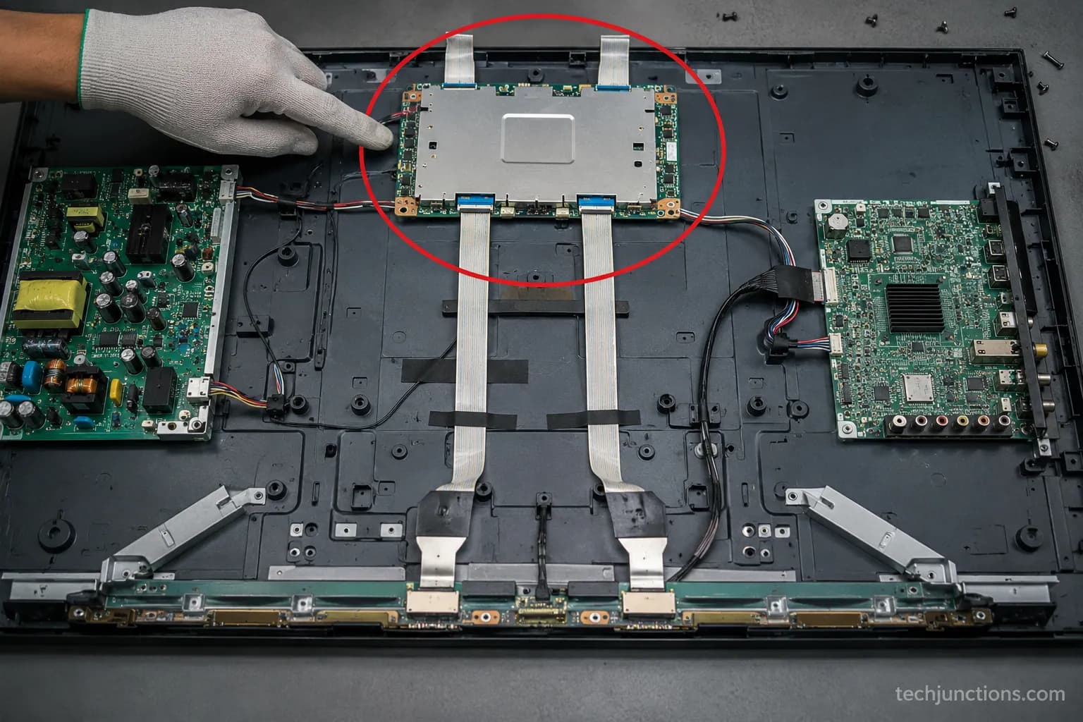 T-Con board under a metal shield at the top of an opened LED TV.