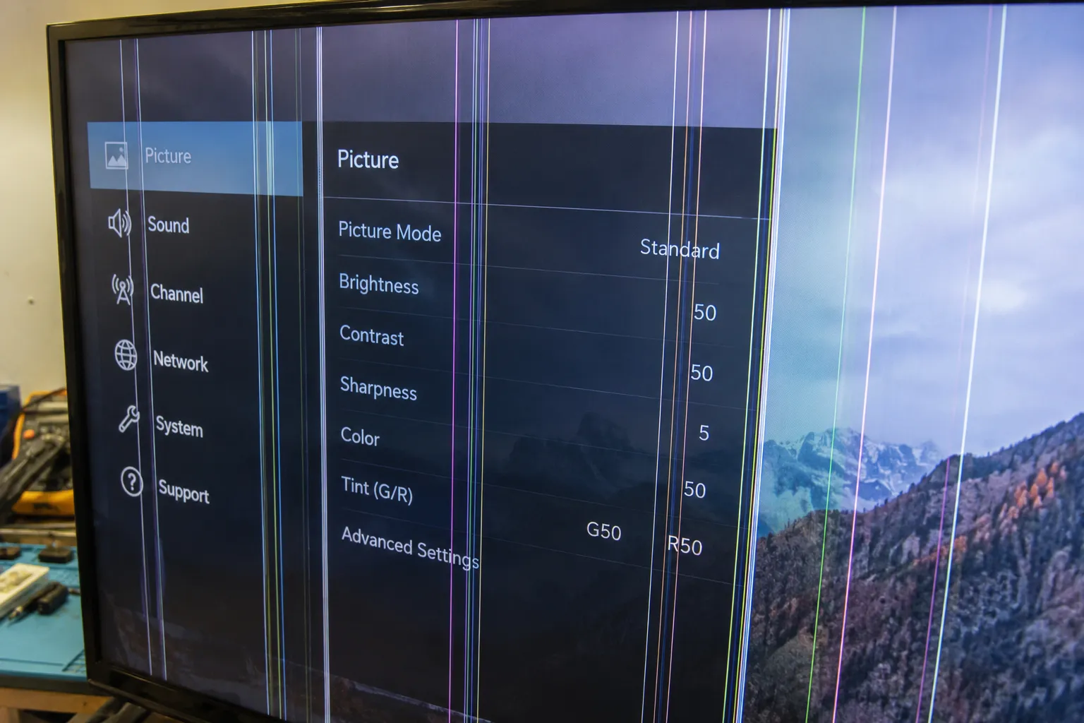 TV menu displayed over vertical fault lines indicating a panel problem rather than the T-Con board.
