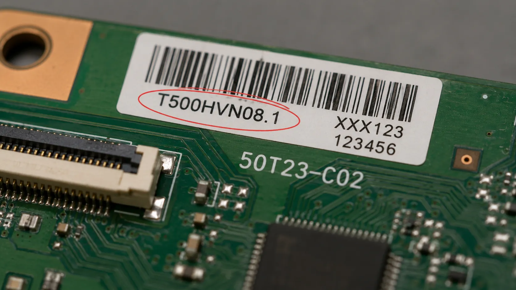 Macro close-up of a TV T-CON board showing the barcode sticker with the part number circled beside a different PCB-printed board number for accurate replacement identification.
