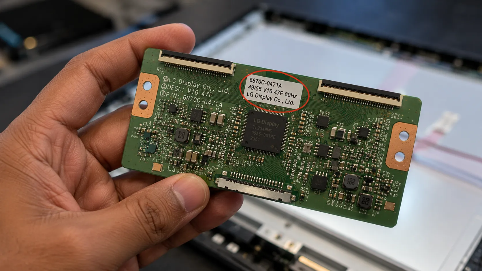 Close-up of a hand holding a TV T-Con board with the white part-number label highlighted while a partially disassembled television sits blurred in the background of a repair workshop.